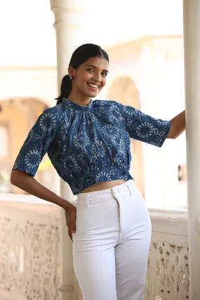 Okhai "Sky Blossom" Hand-Embroidered Beadwork Pure Cotton Indigo Top