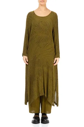 Olive Feathers Silk Viscose Shift Dress