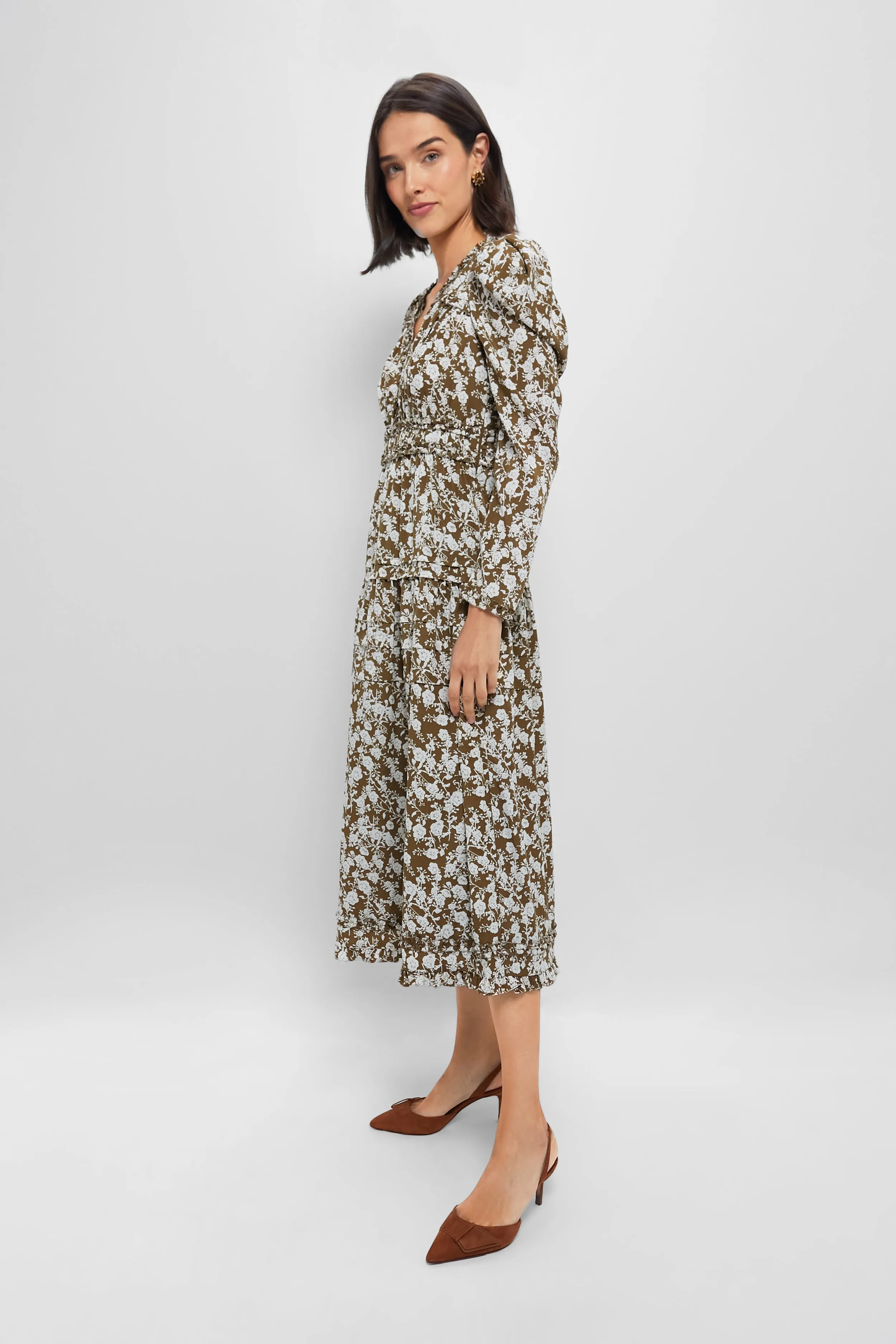 Olive Floral Renee Ruffle Midi Dress