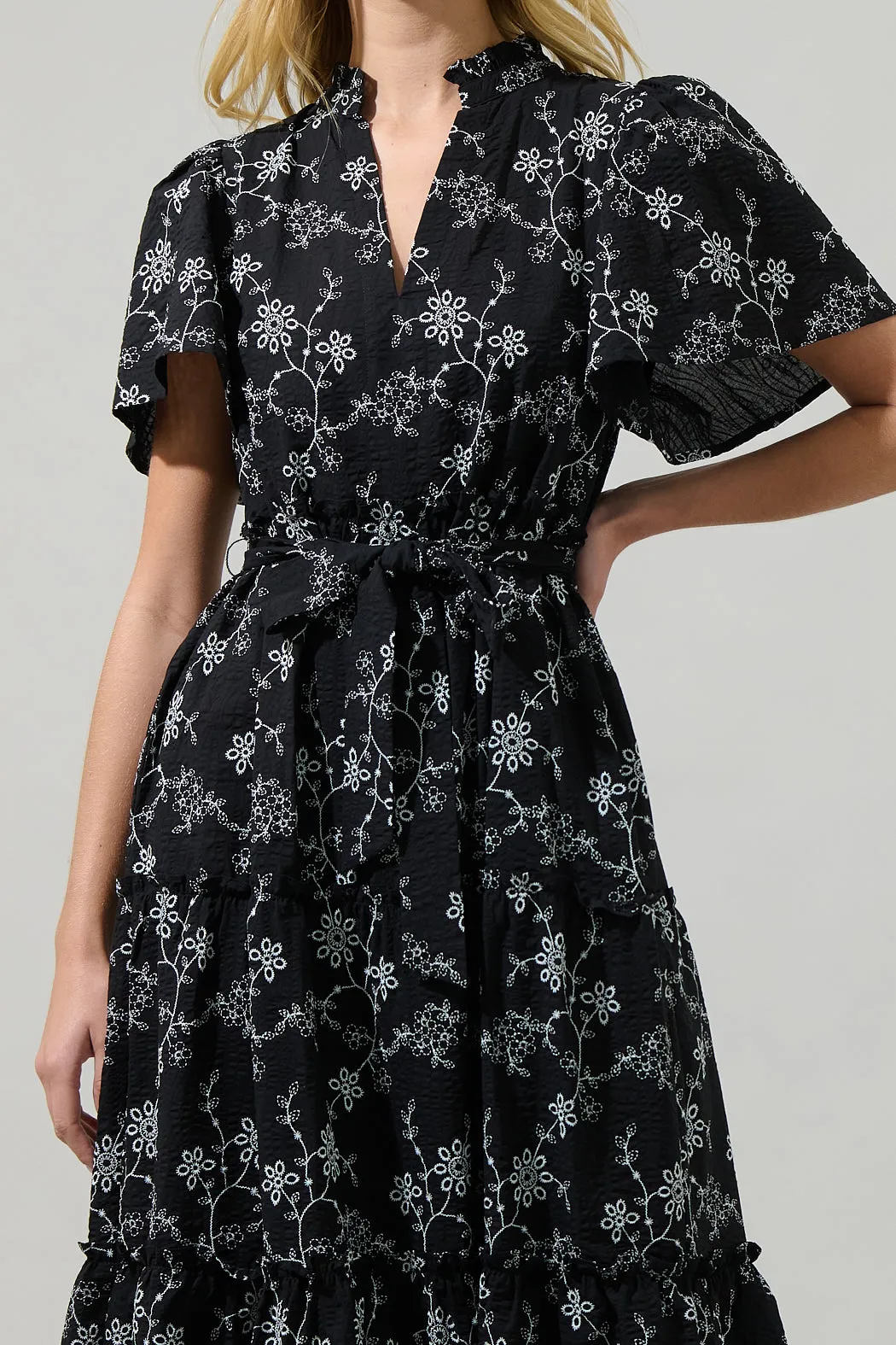 Patricia Floral Noelle Split Neck Poplin Tiered Midi Dress