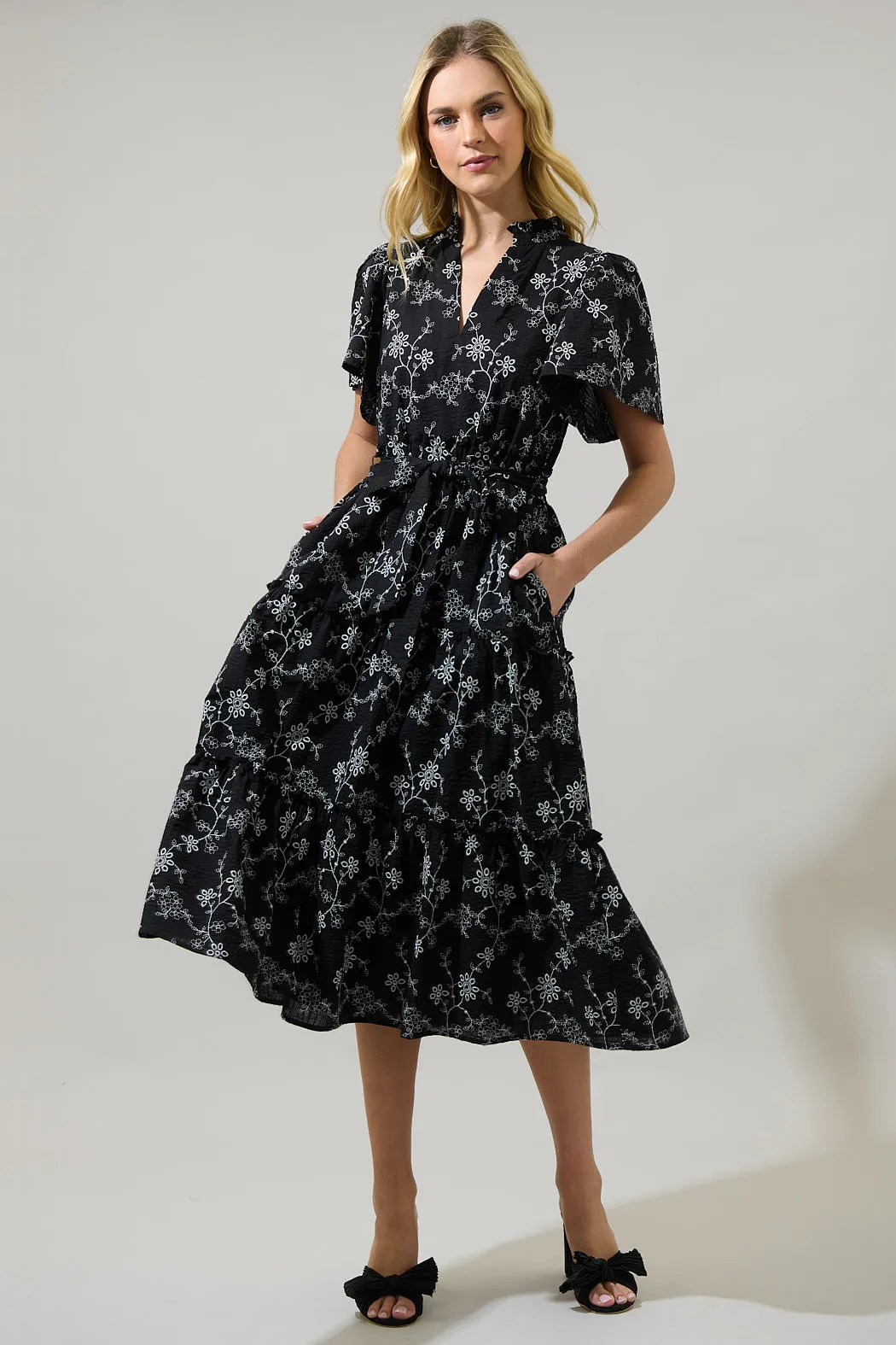 Patricia Floral Noelle Split Neck Poplin Tiered Midi Dress