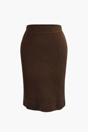 Plus Size Ribbed Knit Skirt - Brown