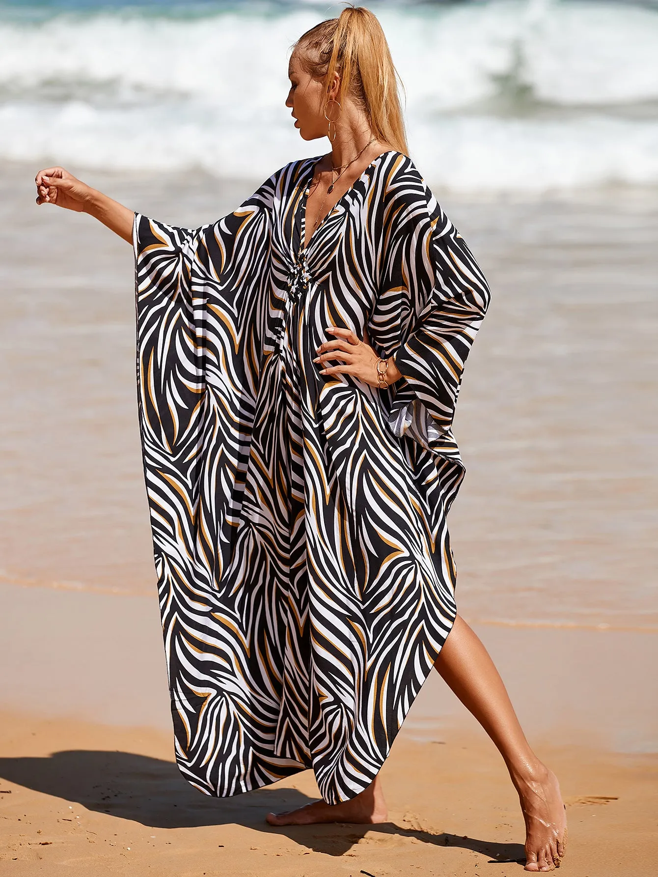 Plus Size Zebra Print Beach Caftan Dress