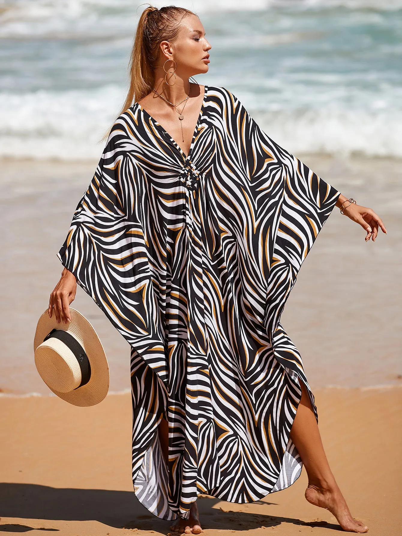 Plus Size Zebra Print Beach Caftan Dress
