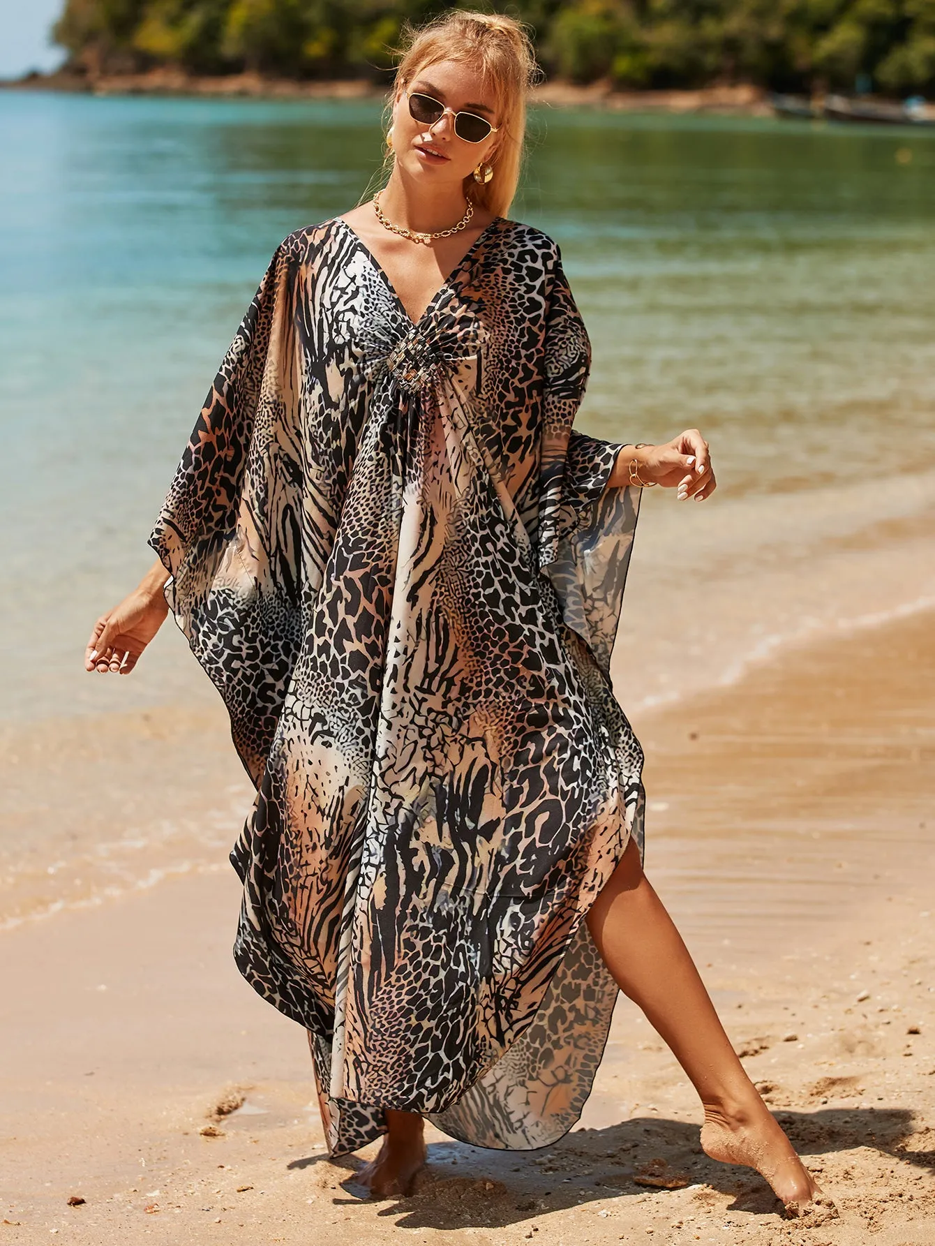 Plus Size Zebra Print Beach Caftan Dress