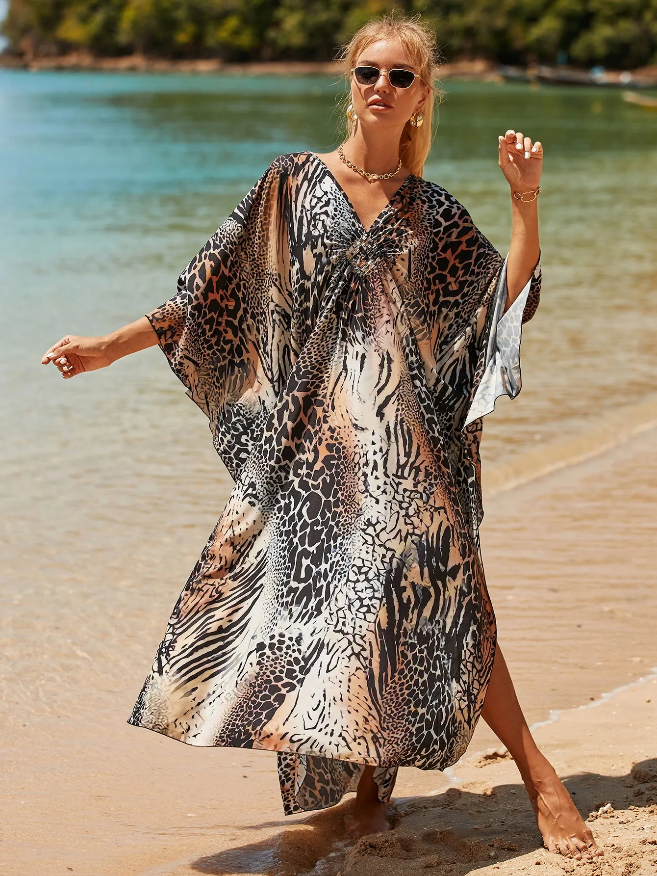 Plus Size Zebra Print Beach Caftan Dress