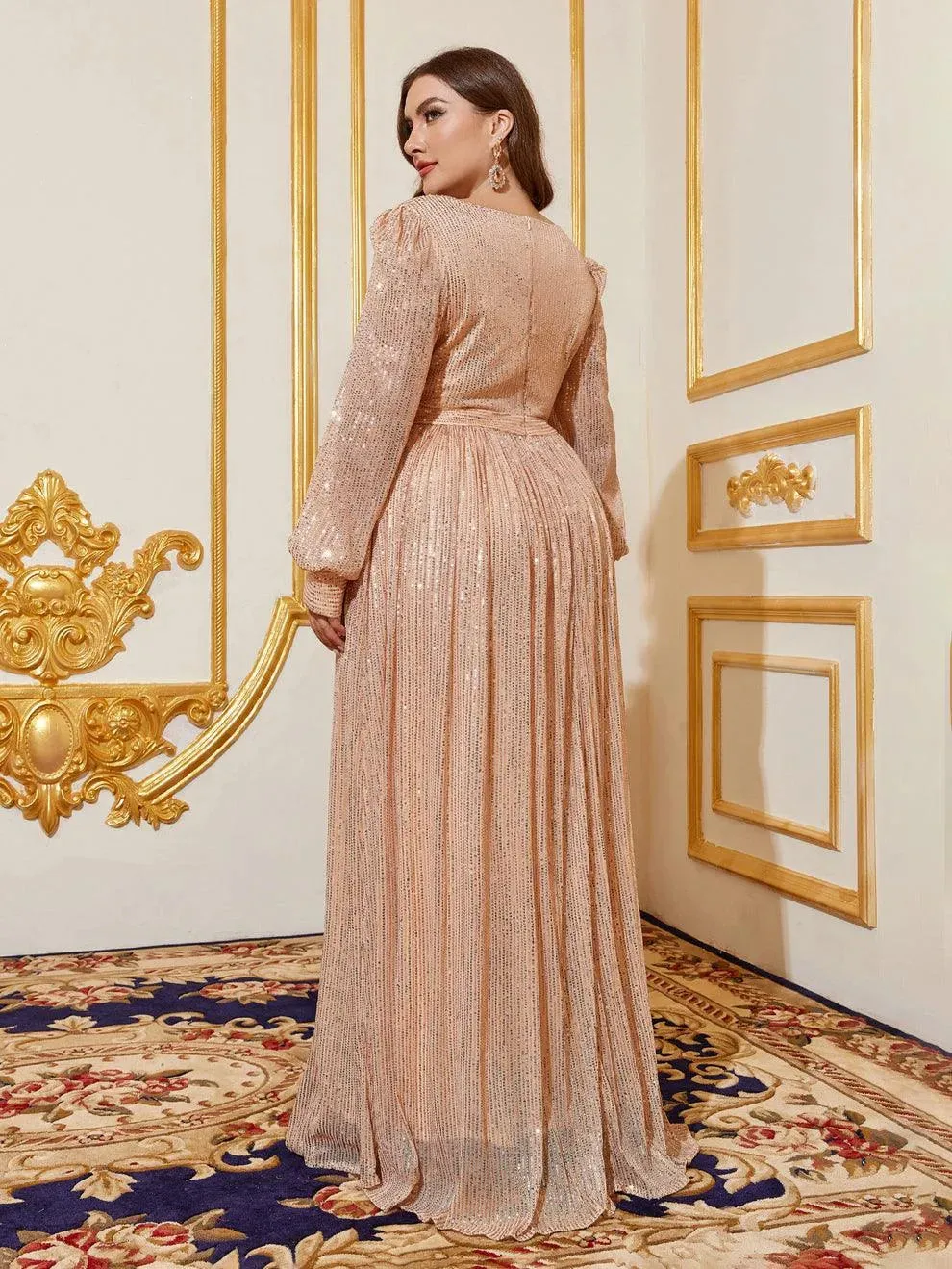 Plus V Neck Lantern Sleeve Sequin A Line Dresses