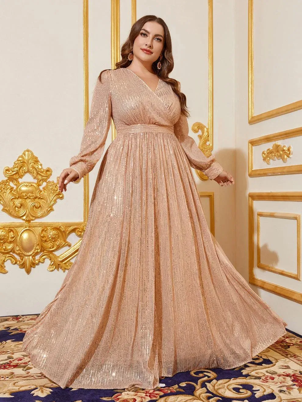Plus V Neck Lantern Sleeve Sequin A Line Dresses