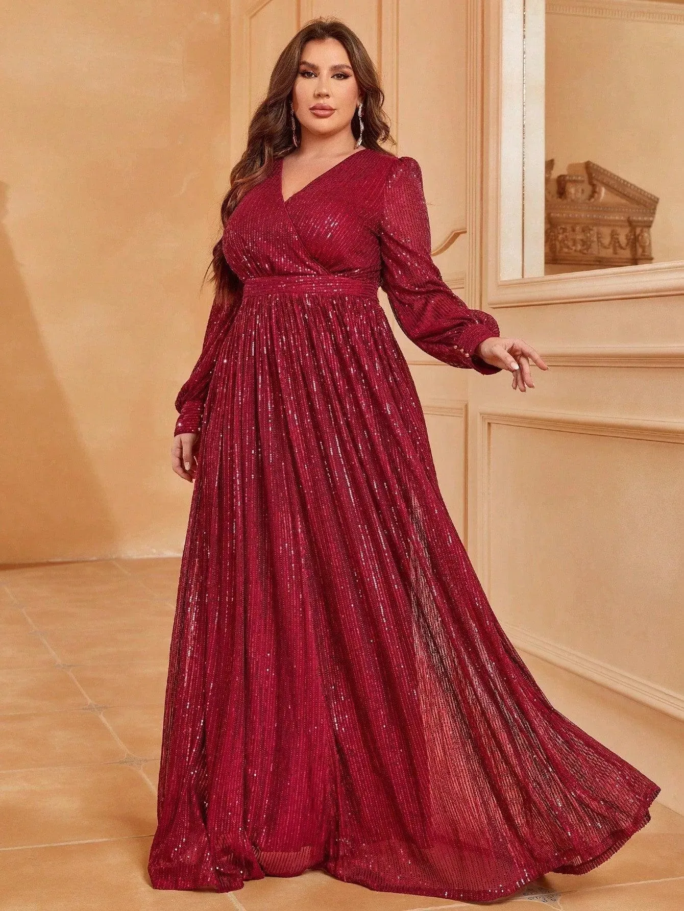Plus V Neck Lantern Sleeve Sequin A Line Dresses