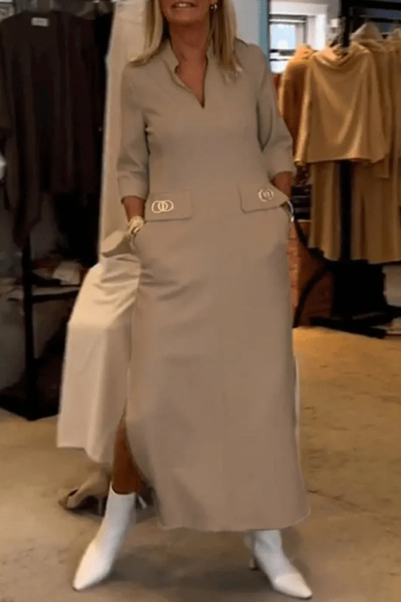 Purpdrank - Elegant Simplicity Solid Pocket Turndown Collar One Step Skirt Dresses