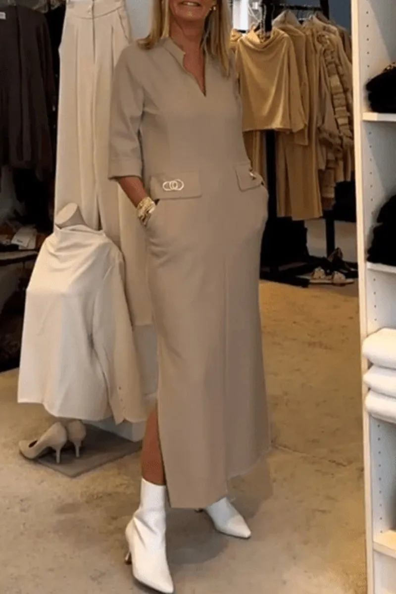 Purpdrank - Elegant Simplicity Solid Pocket Turndown Collar One Step Skirt Dresses