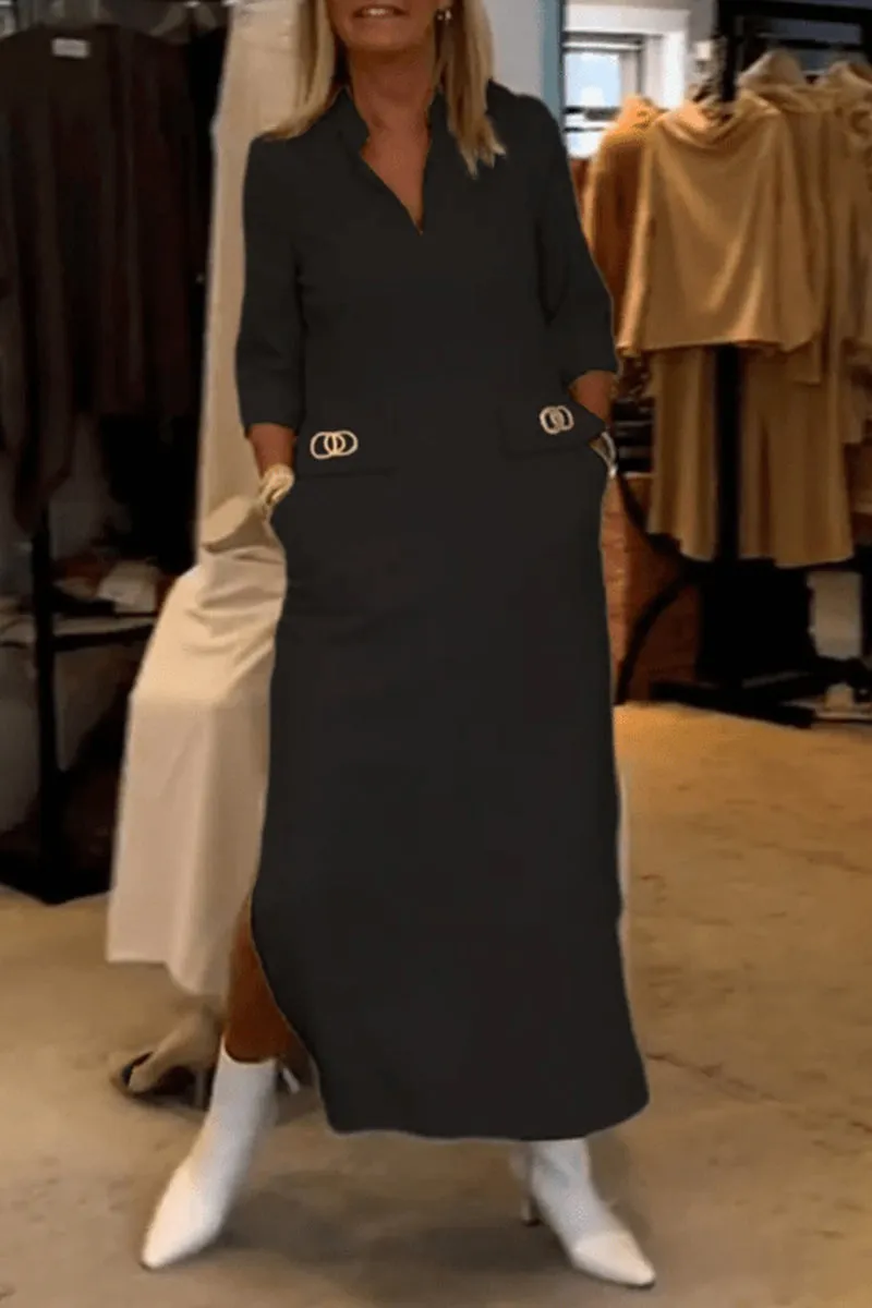 Purpdrank - Elegant Simplicity Solid Pocket Turndown Collar One Step Skirt Dresses