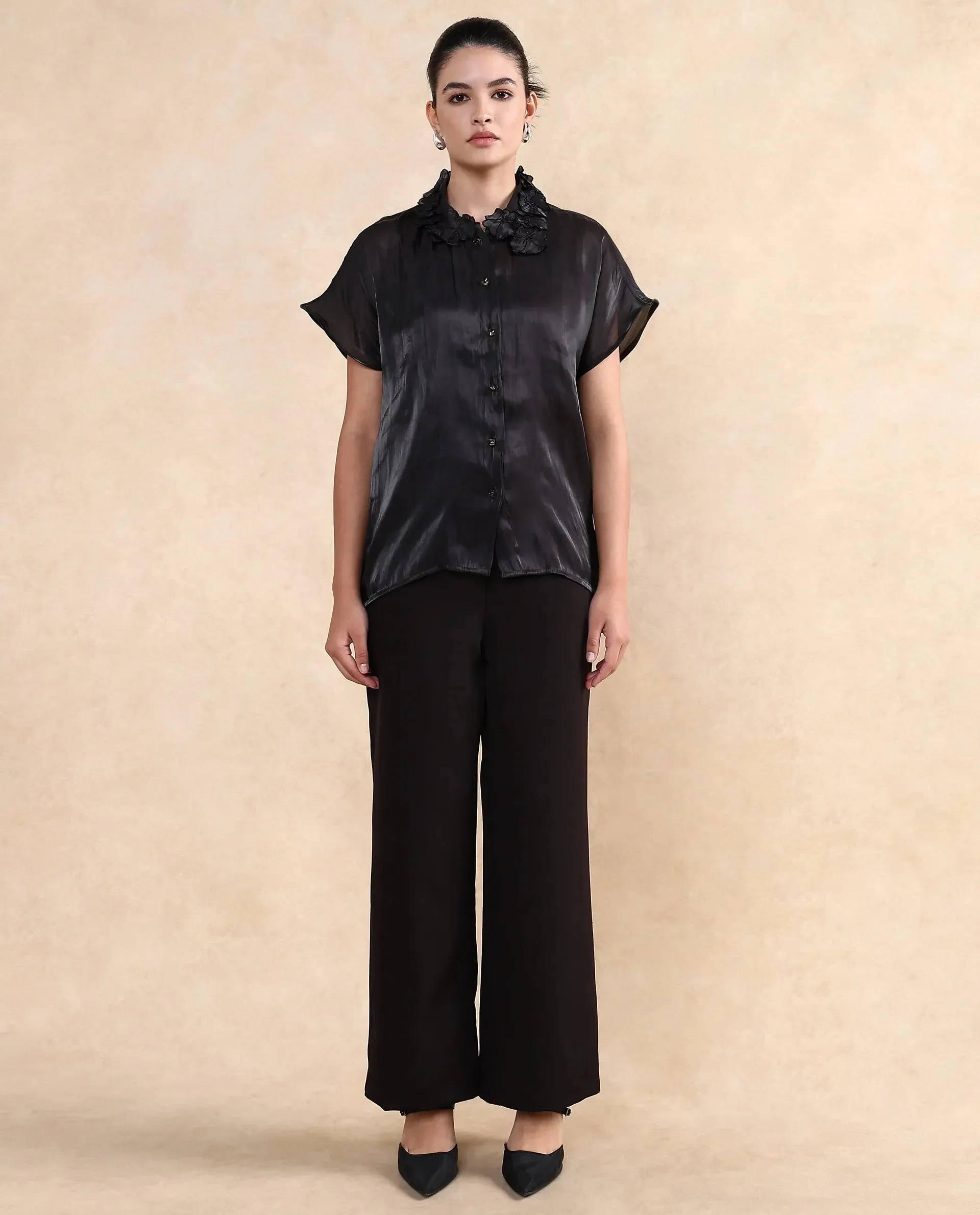 Rareism Women Varfa Black Short Sleeve Collared Neck Button Closure Boxy Fit Plain Shirt
