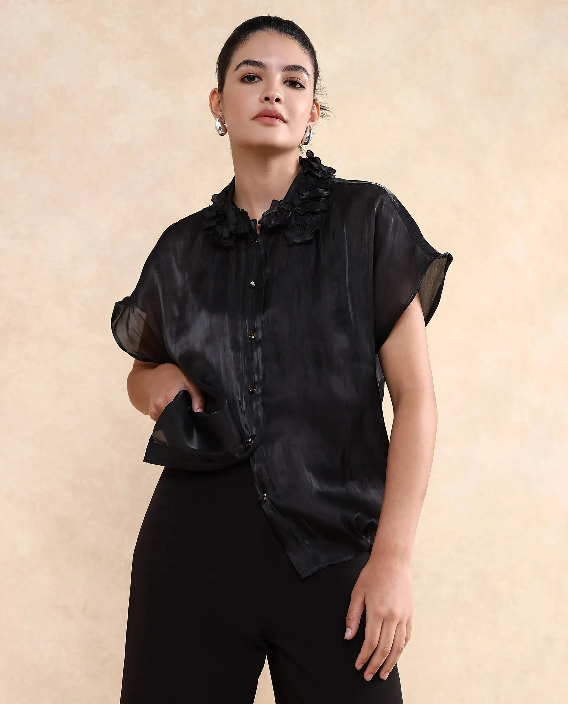 Rareism Women Varfa Black Short Sleeve Collared Neck Button Closure Boxy Fit Plain Shirt