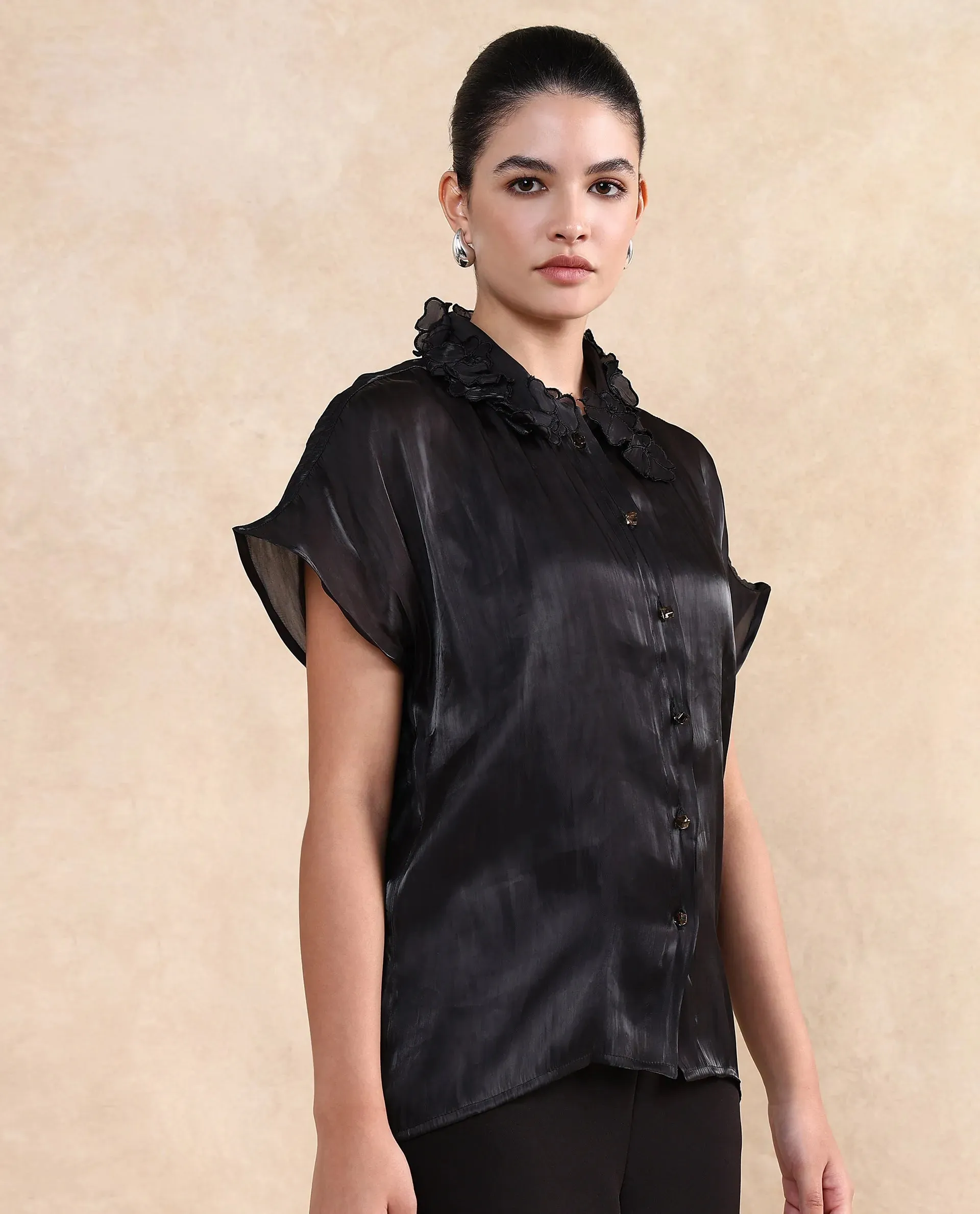 Rareism Women Varfa Black Short Sleeve Collared Neck Button Closure Boxy Fit Plain Shirt