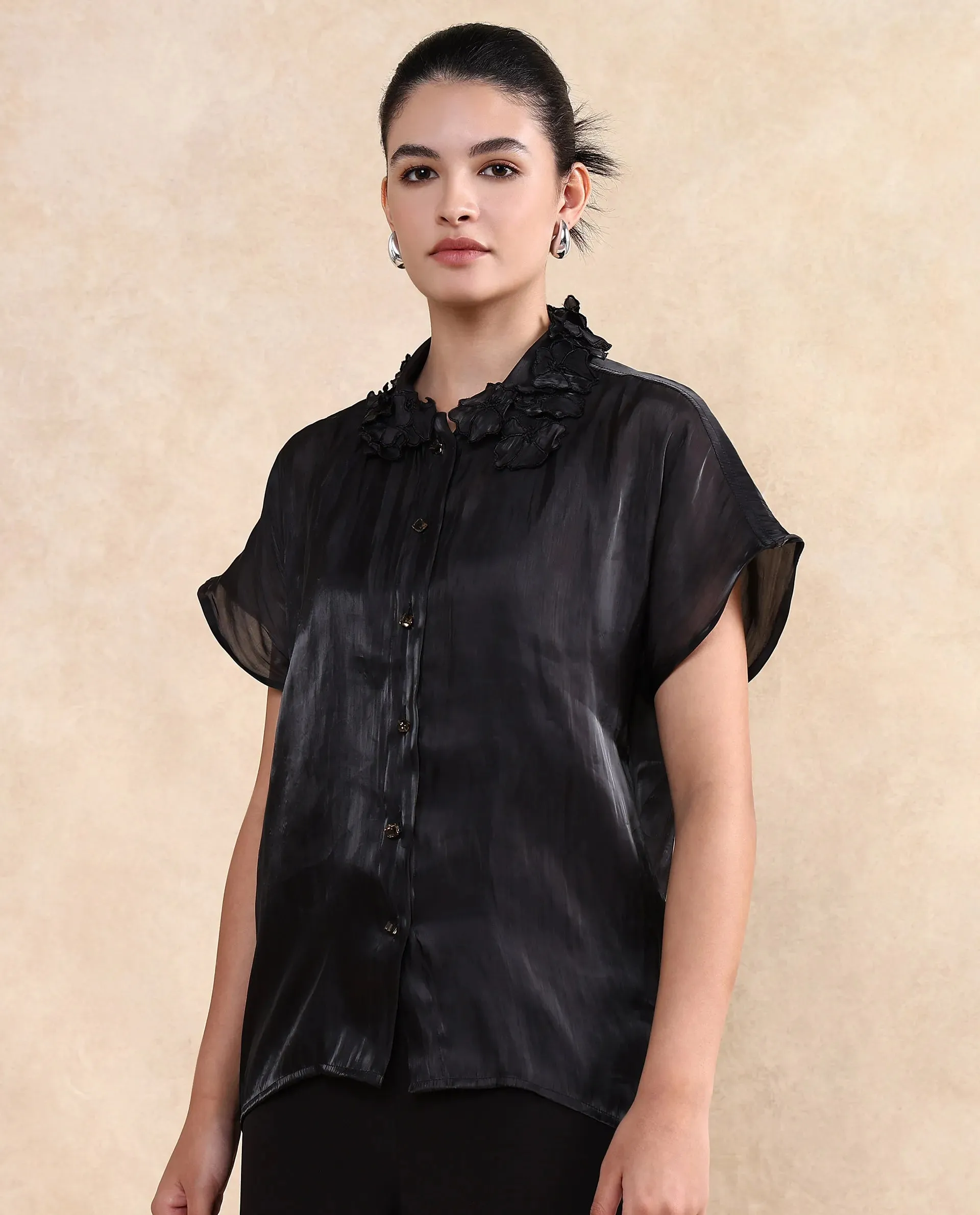 Rareism Women Varfa Black Short Sleeve Collared Neck Button Closure Boxy Fit Plain Shirt