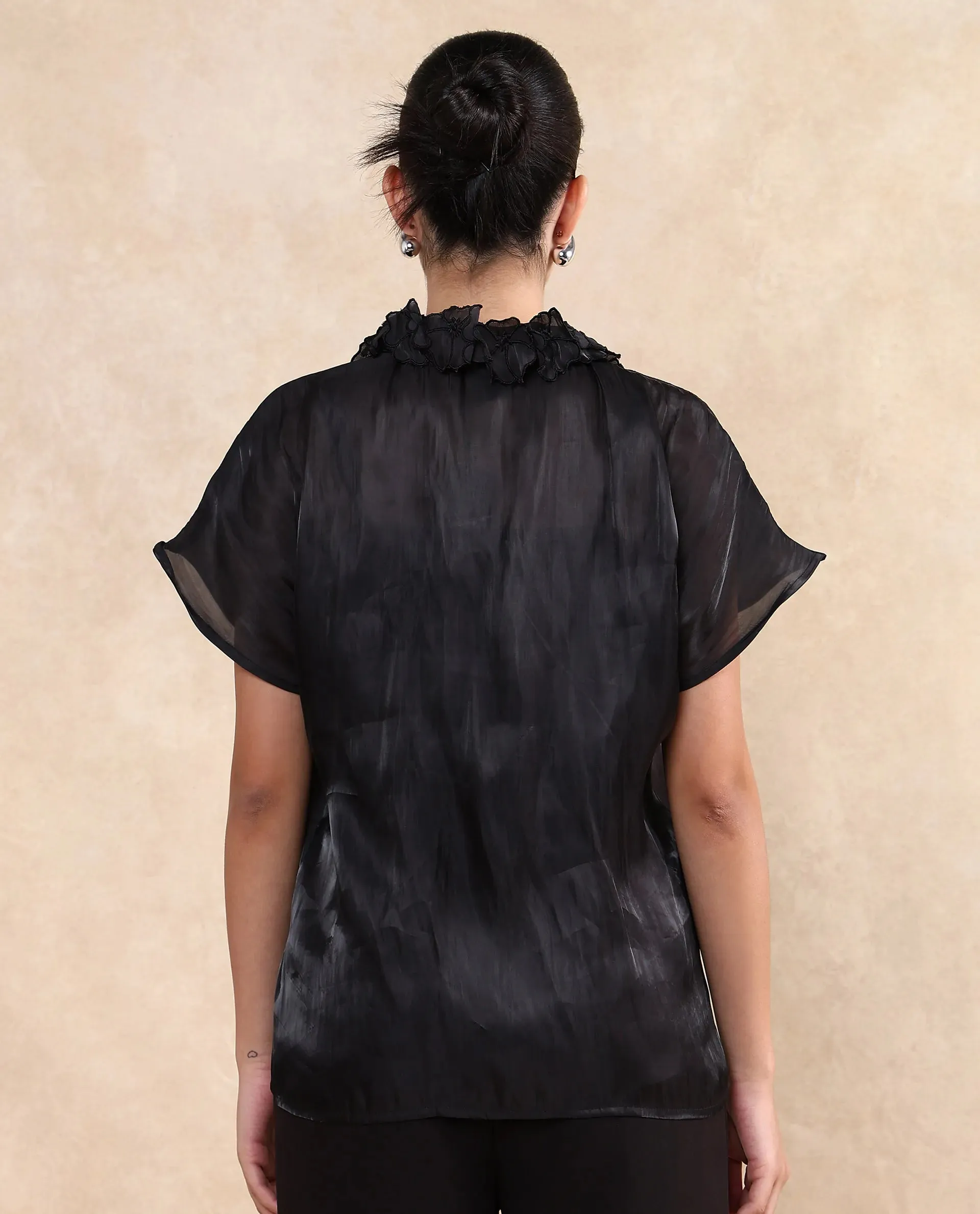 Rareism Women Varfa Black Short Sleeve Collared Neck Button Closure Boxy Fit Plain Shirt
