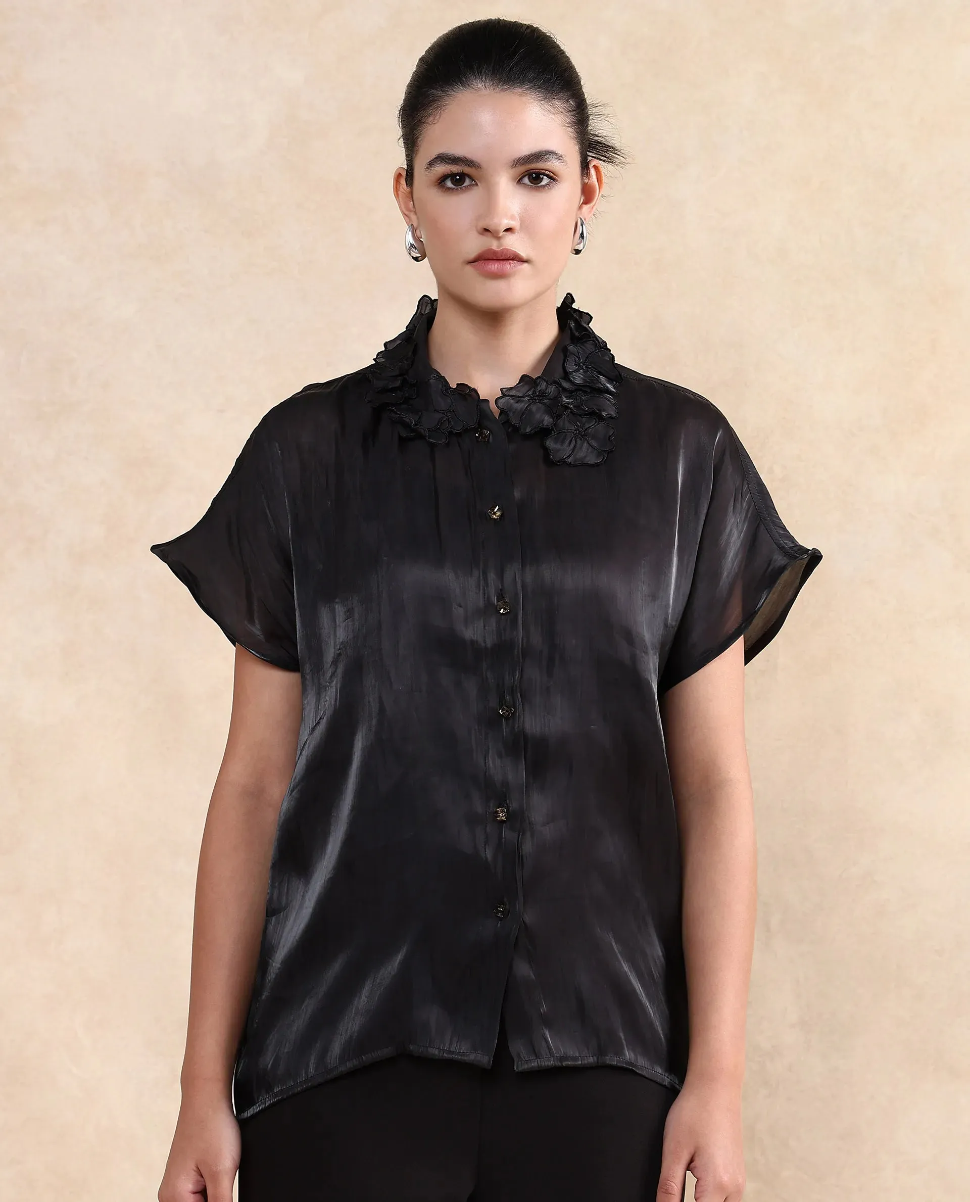 Rareism Women Varfa Black Short Sleeve Collared Neck Button Closure Boxy Fit Plain Shirt