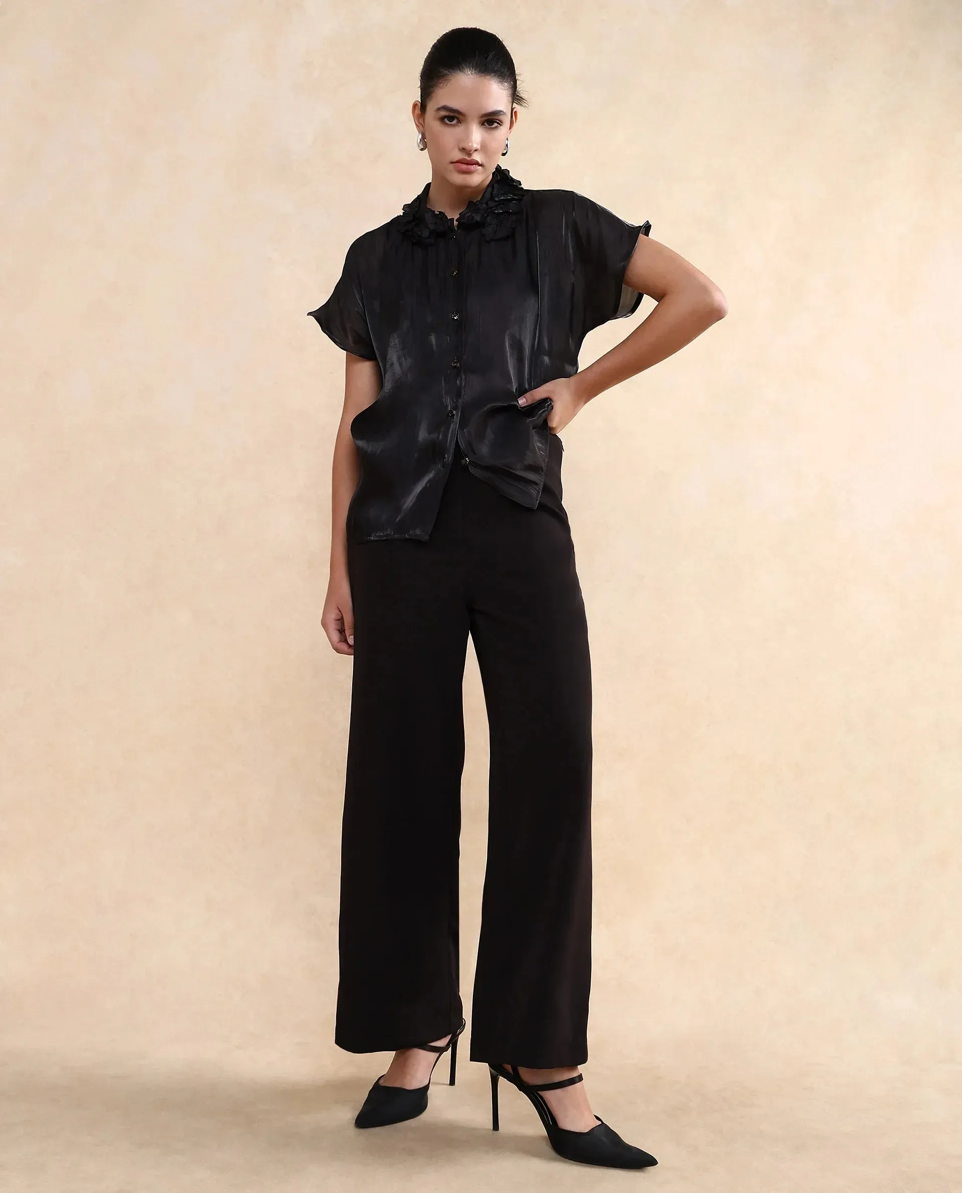 Rareism Women Varfa Black Short Sleeve Collared Neck Button Closure Boxy Fit Plain Shirt