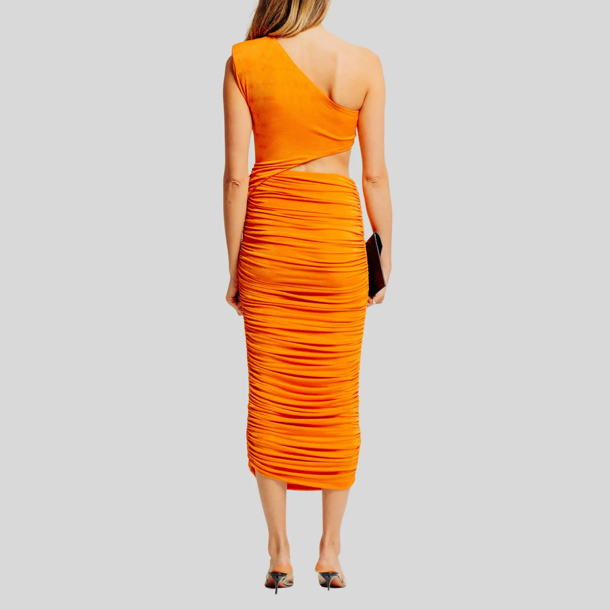 Ruched One-Shoulder Side Cutout Form-Fit Dress - Tangerine