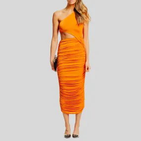 Ruched One-Shoulder Side Cutout Form-Fit Dress - Tangerine