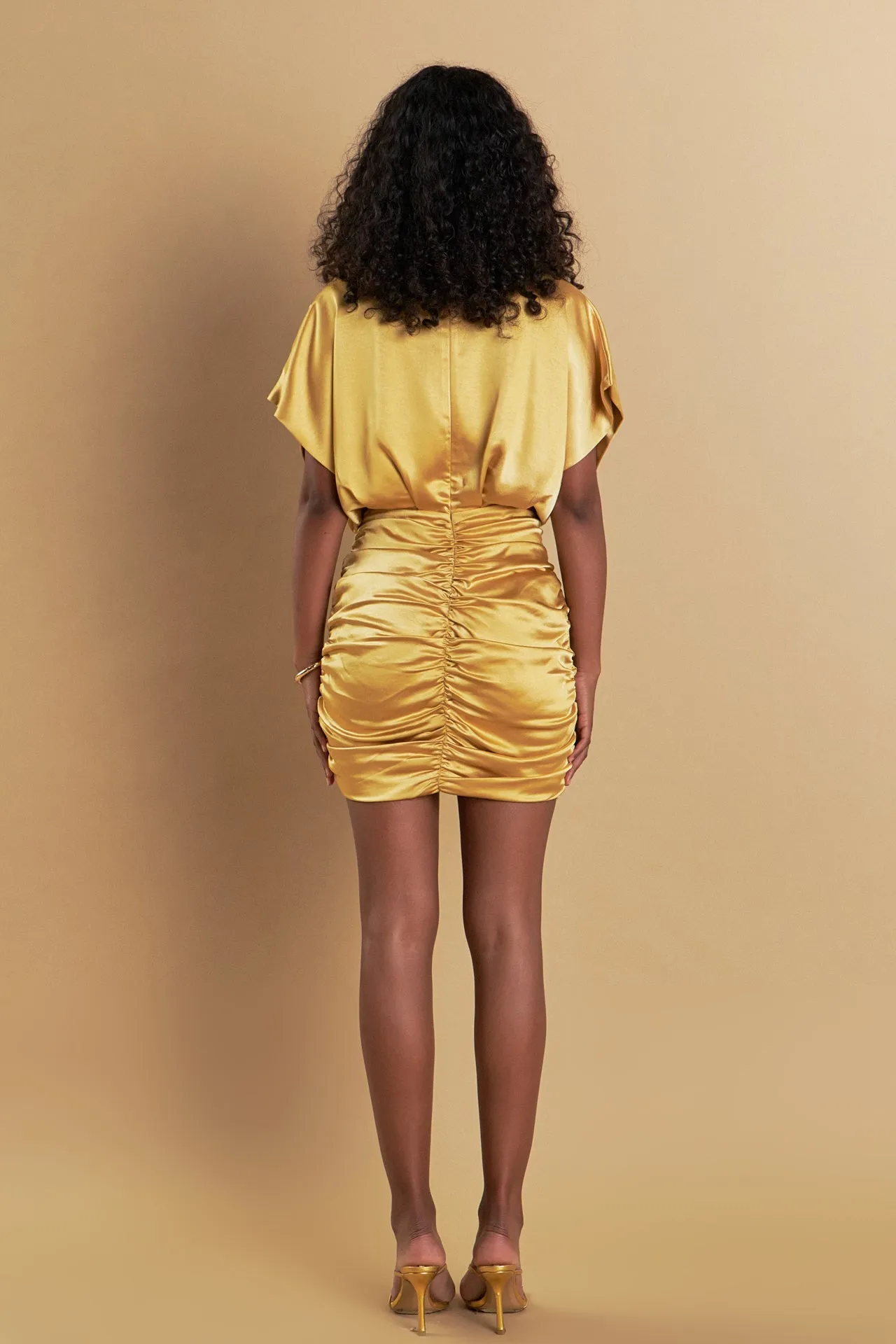 Satin Wrapped & Shirred Mini Dress