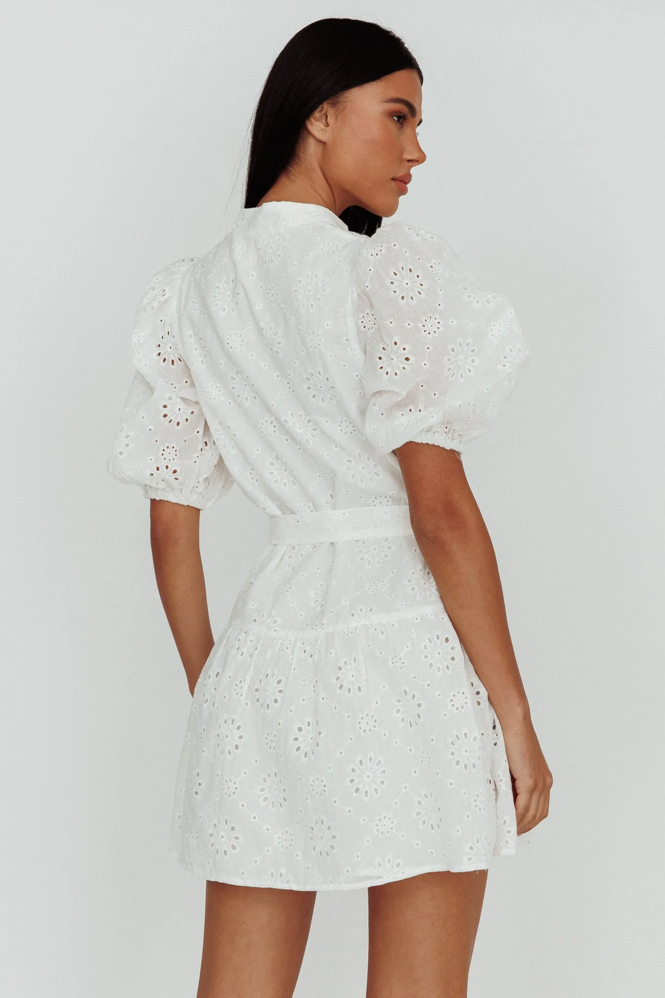Serita Belted Puff Sleeve Eyelet Mini Dress White