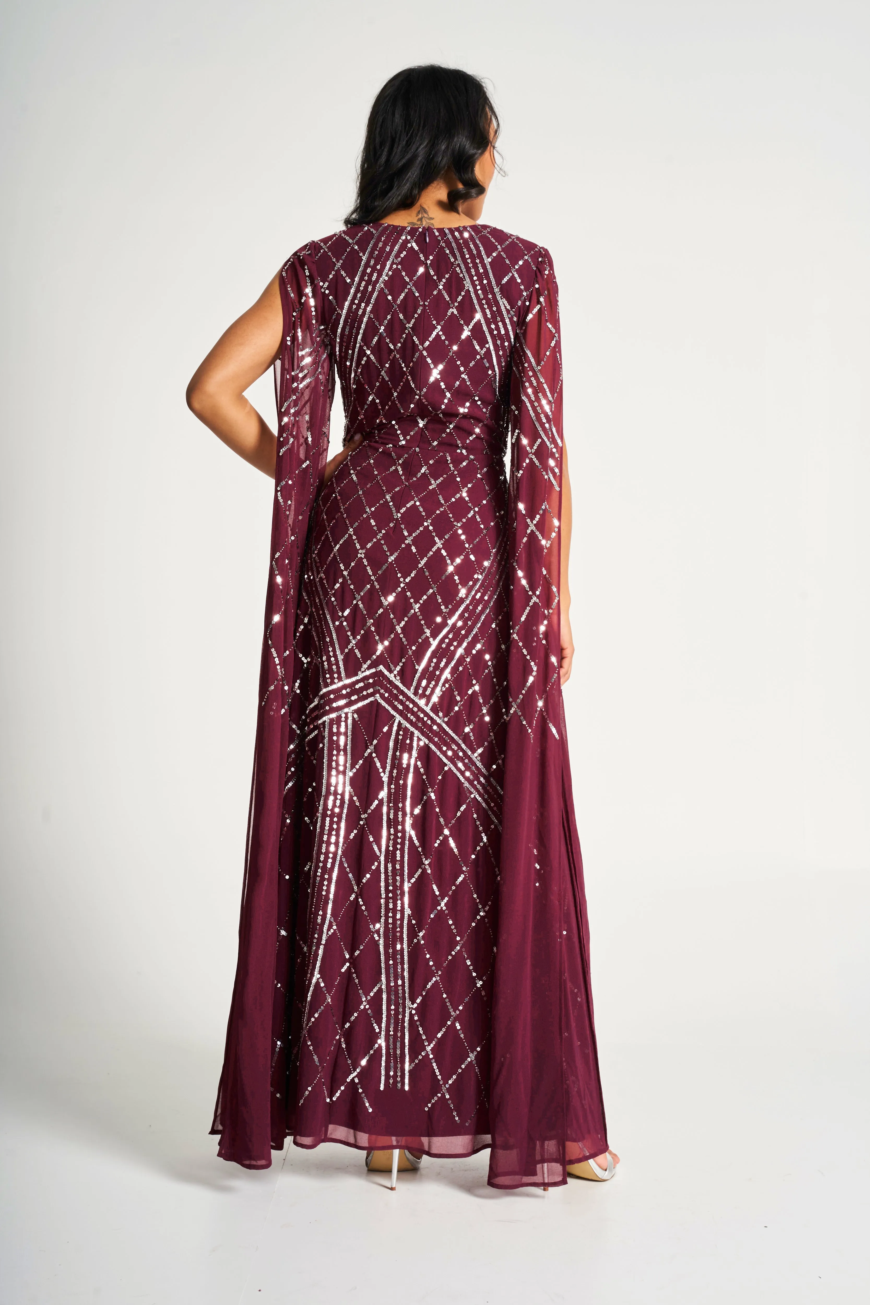 Simone Tawny Port Sequin Cape Sleeve Maxi Dress