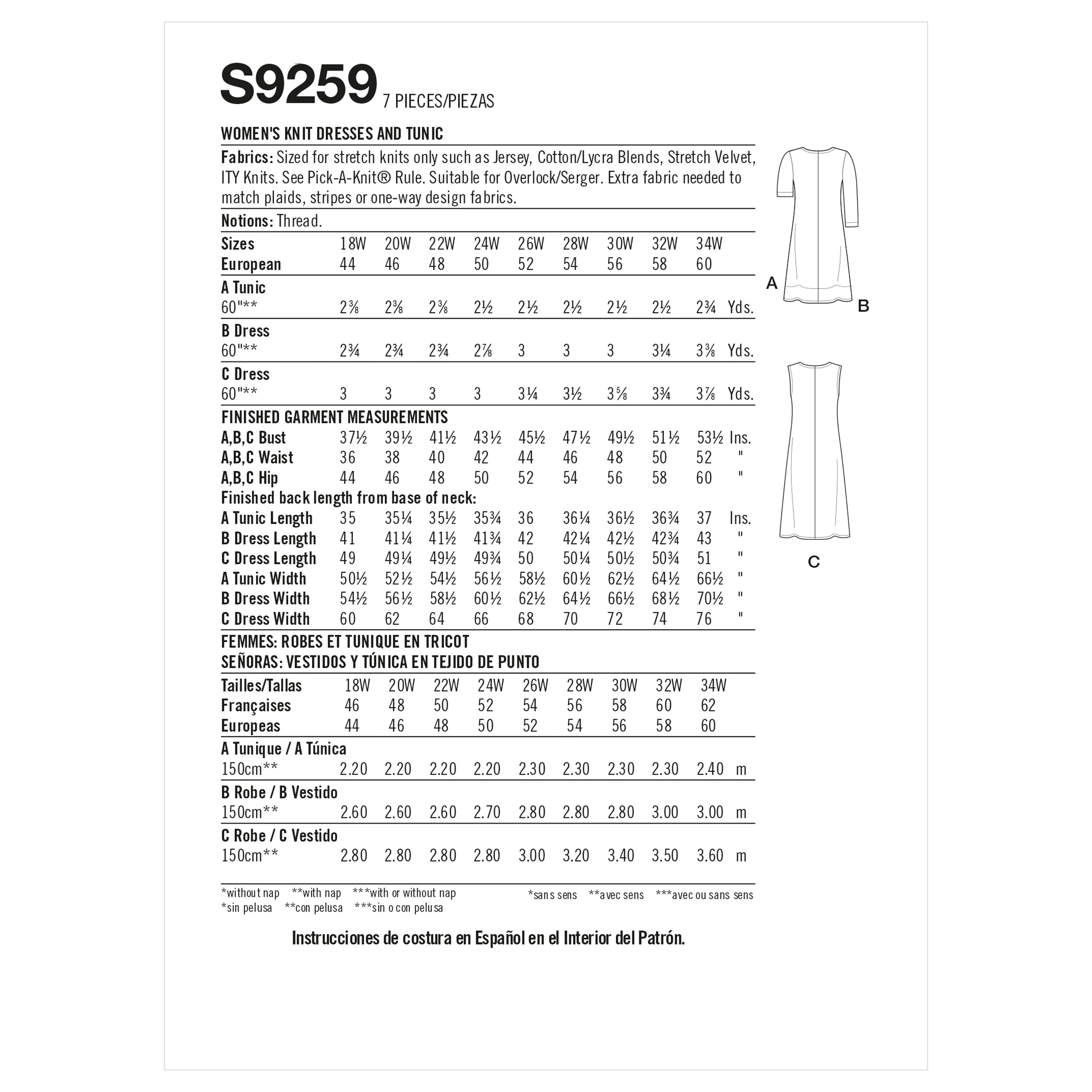 Simplicity Pattern 9259 Women's Knit Dresses & Tunic