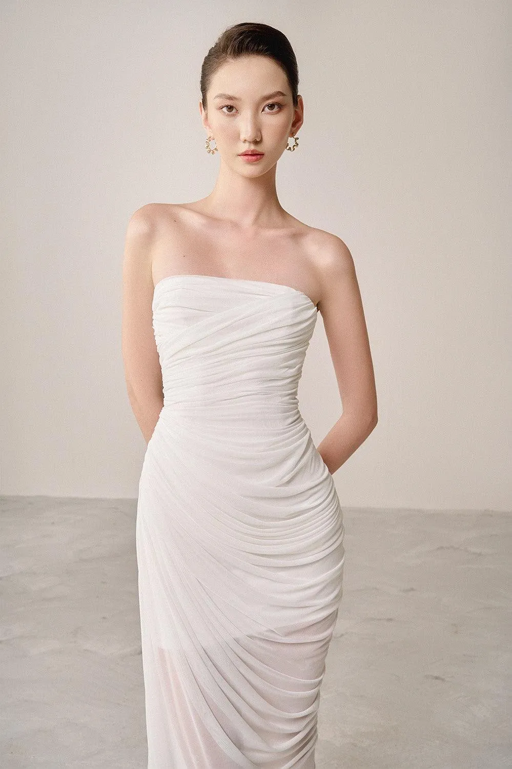 Thalon Strapless Gathered Organza Spandex Maxi Dress