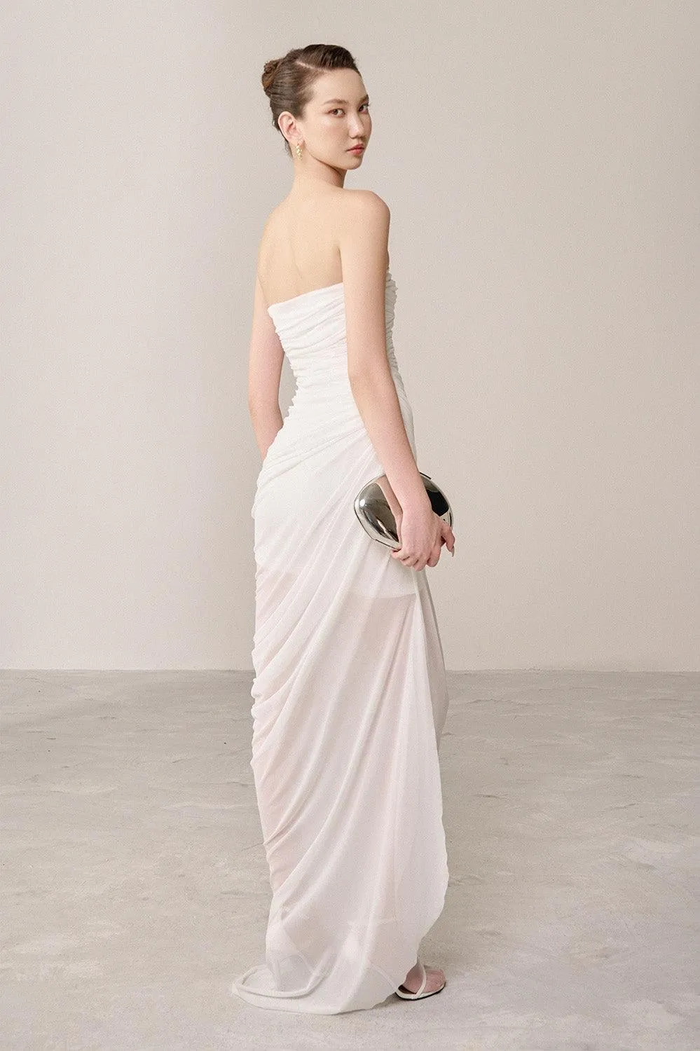 Thalon Strapless Gathered Organza Spandex Maxi Dress