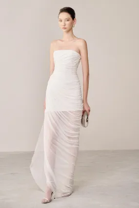 Thalon Strapless Gathered Organza Spandex Maxi Dress