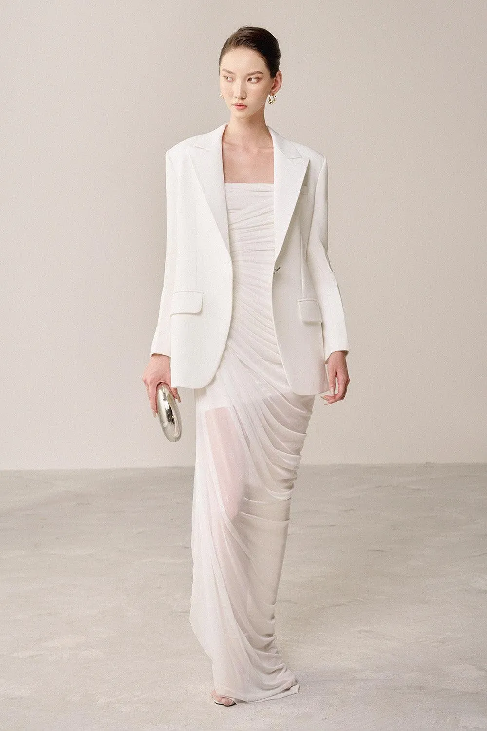 Thalon Strapless Gathered Organza Spandex Maxi Dress