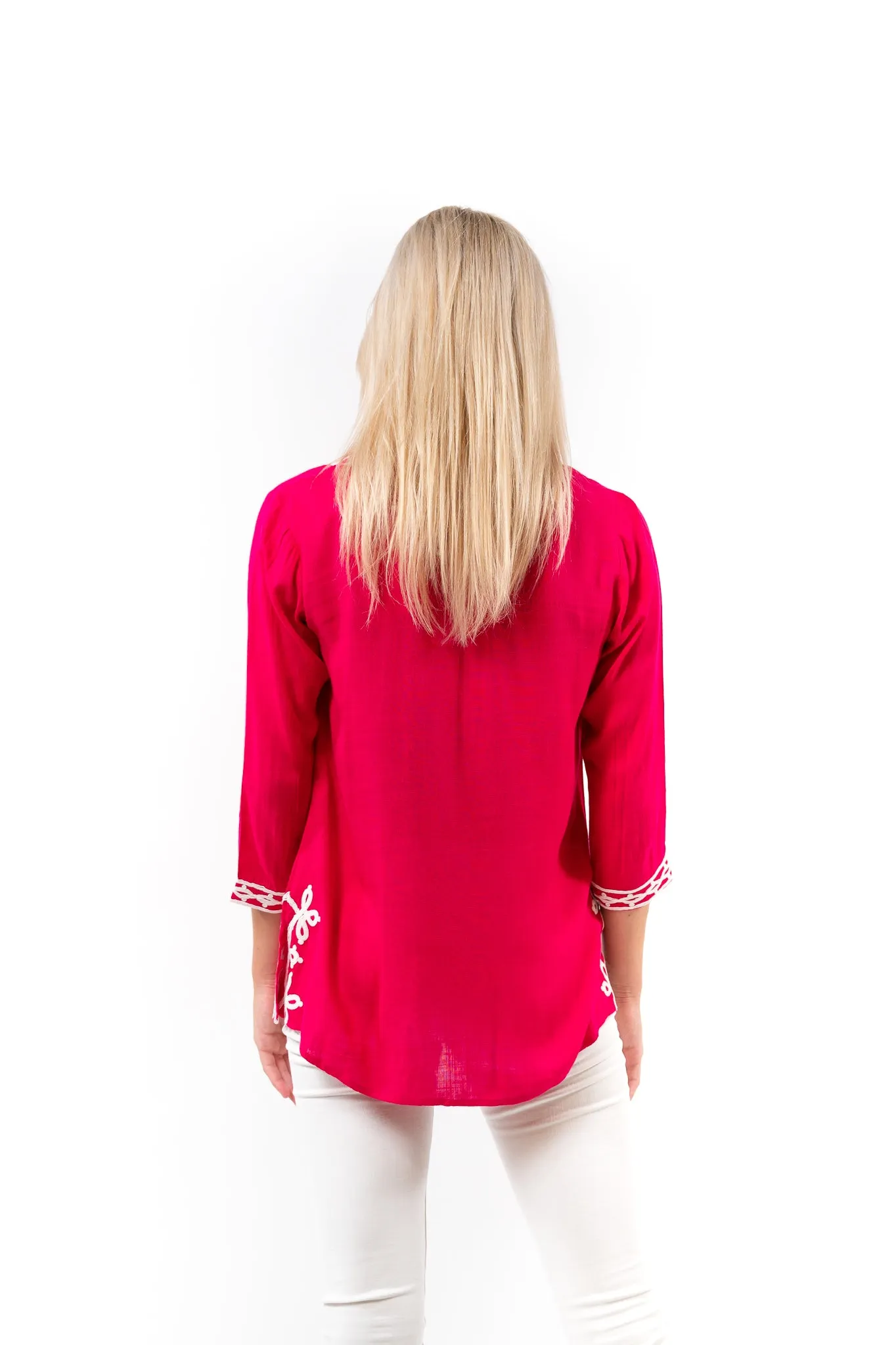 The Brie Scroll Trim Tunic in Peony Pink and White