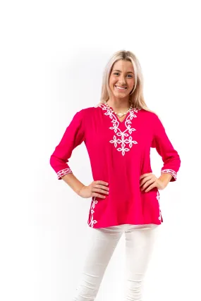 The Brie Scroll Trim Tunic in Peony Pink and White
