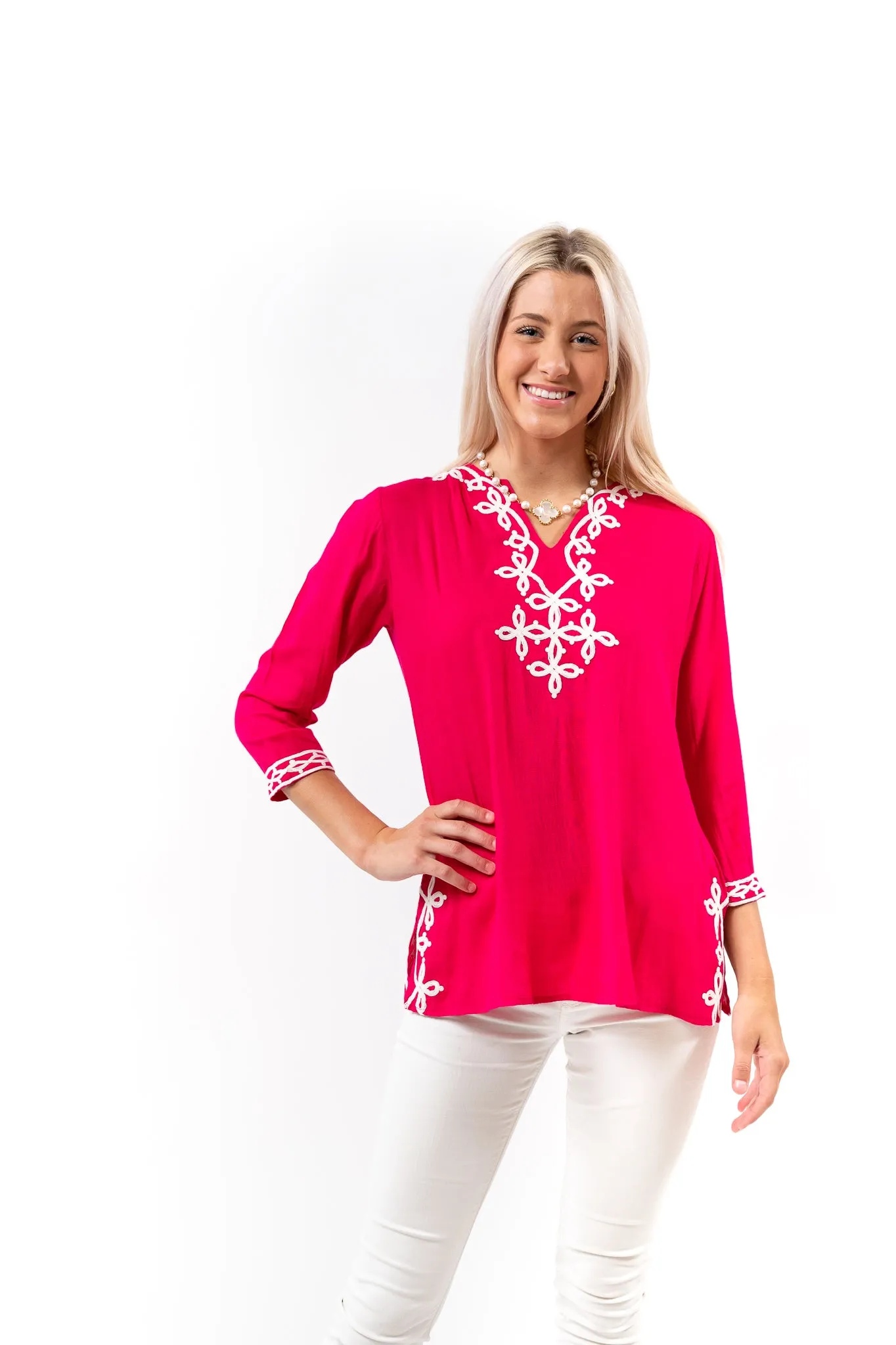 The Brie Scroll Trim Tunic in Peony Pink and White