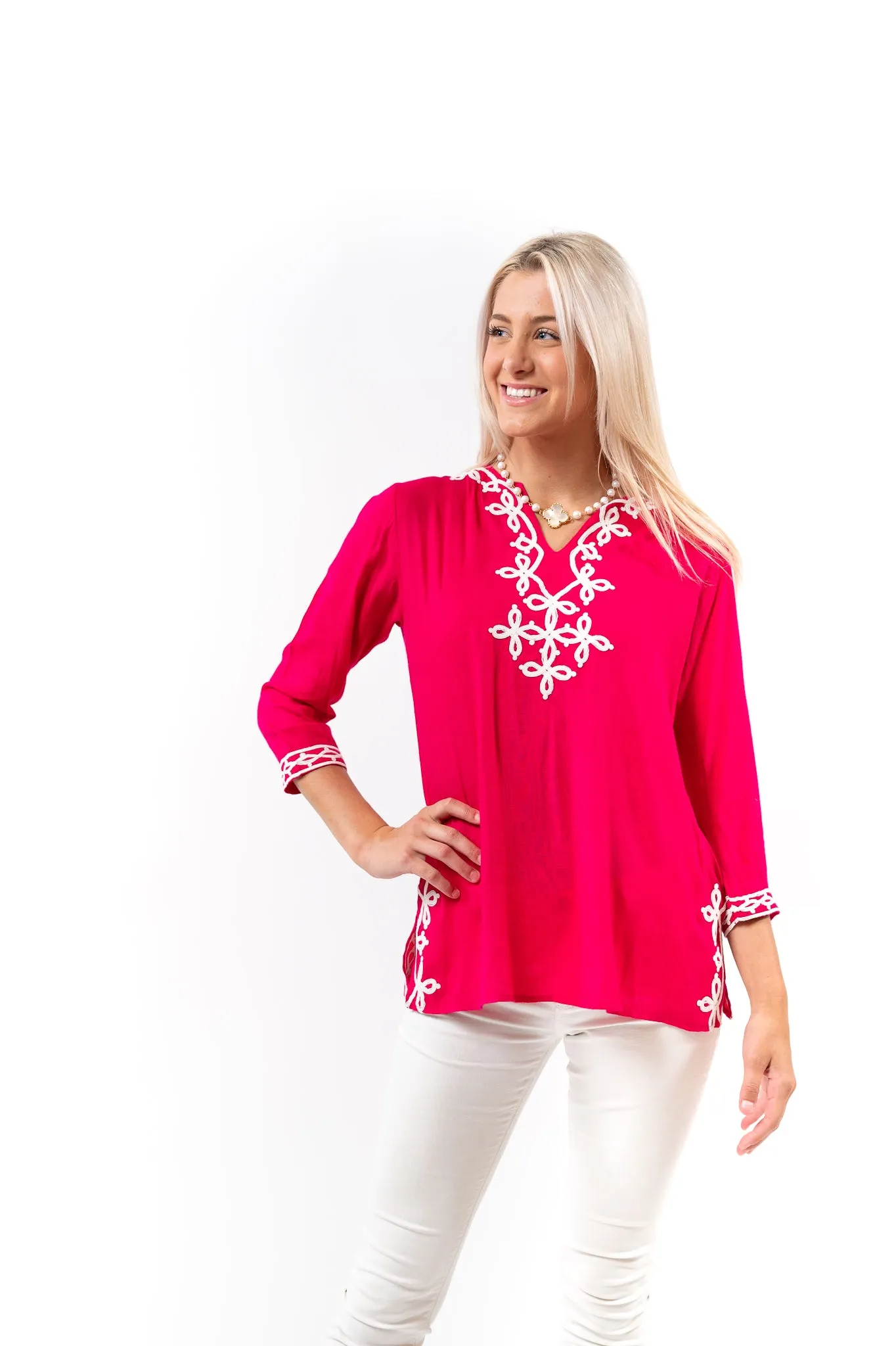 The Brie Scroll Trim Tunic in Peony Pink and White
