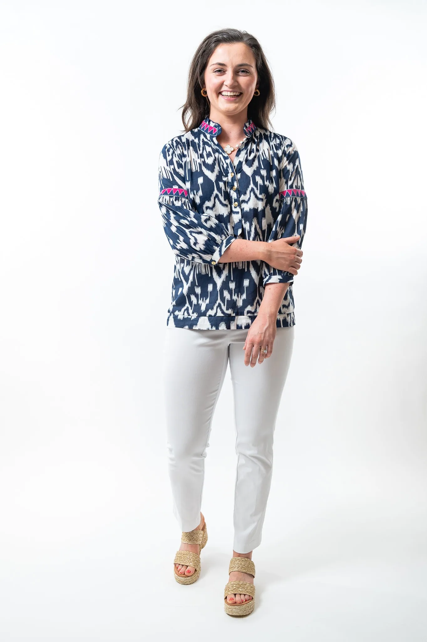 The McKenzie Smocked Top in Navy and White Ikat