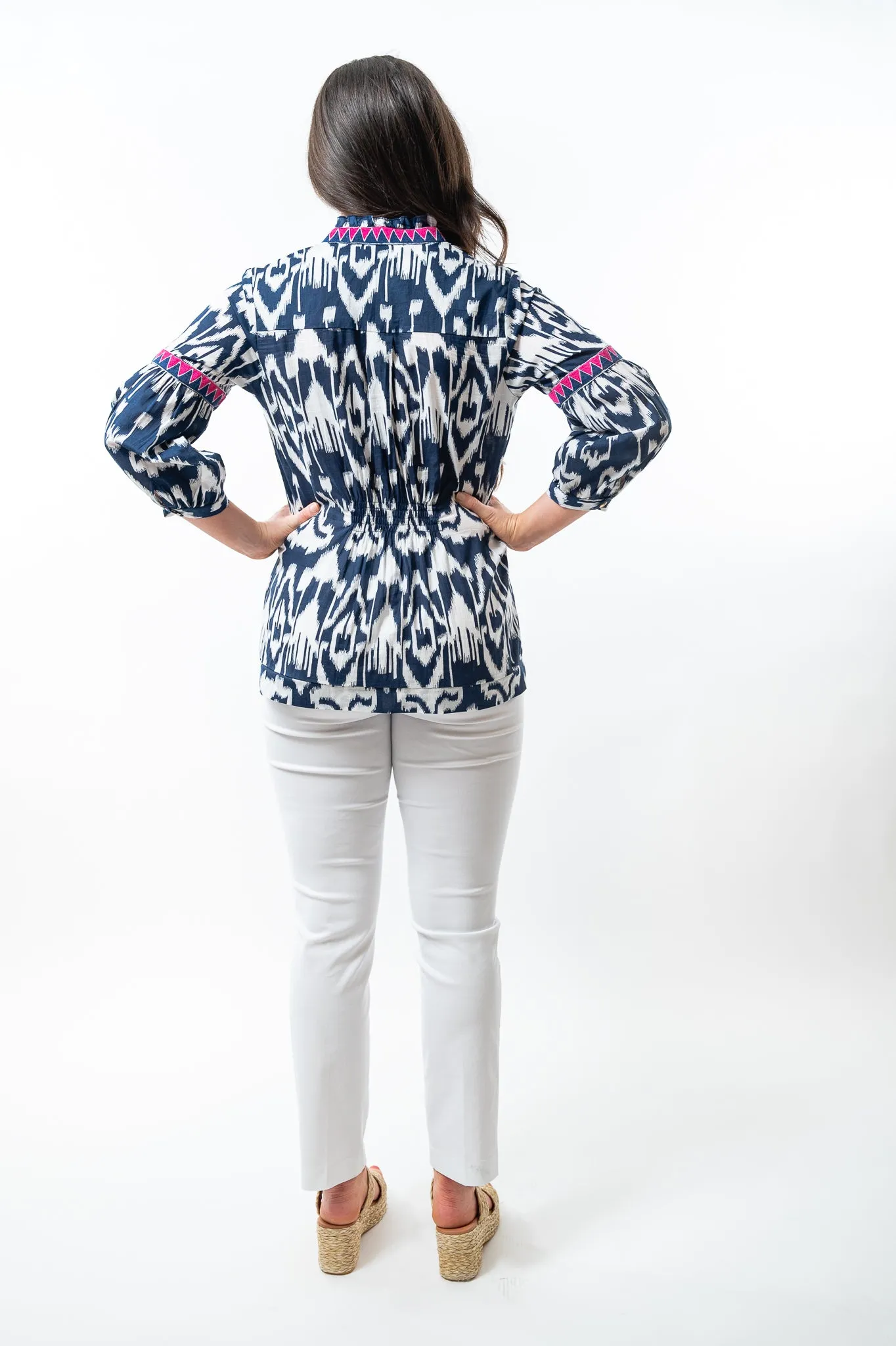 The McKenzie Smocked Top in Navy and White Ikat