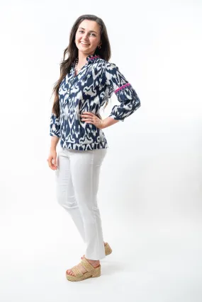The McKenzie Smocked Top in Navy and White Ikat