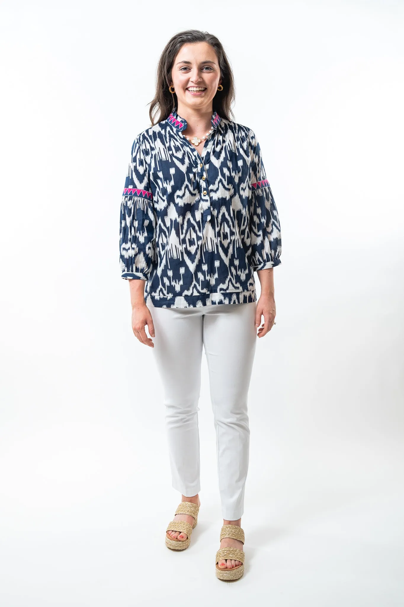 The McKenzie Smocked Top in Navy and White Ikat