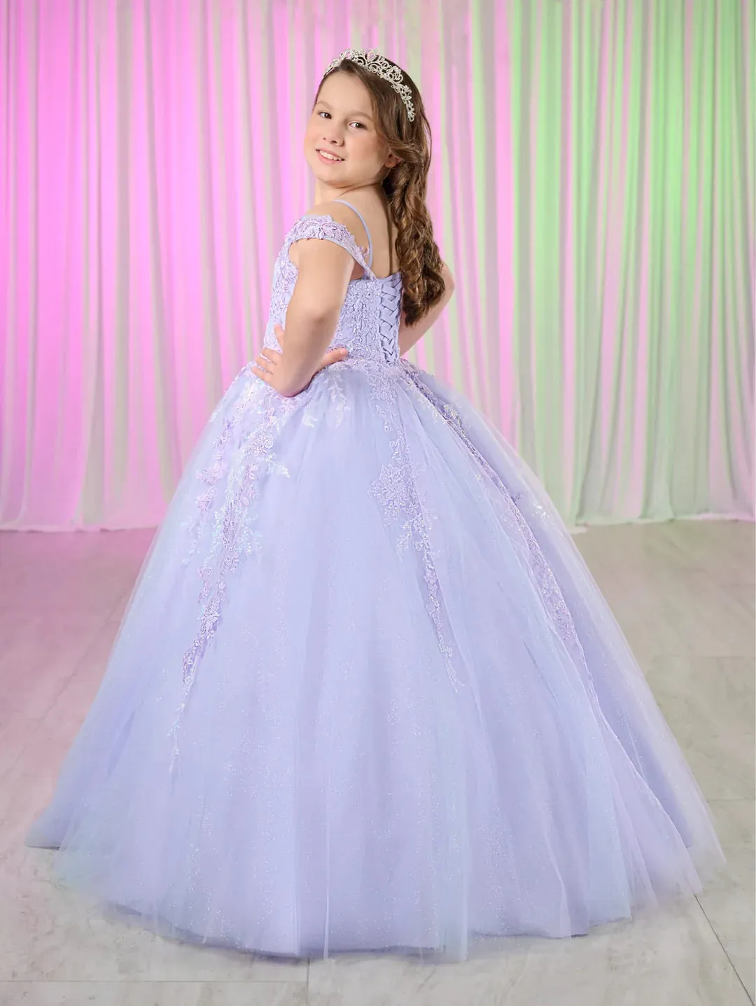 Tiffany Princess 13760 Size 4, 12 Royal Purple Shimmer Girls Lace Pageant Dress Corset off the Shoulder Gown Tulle