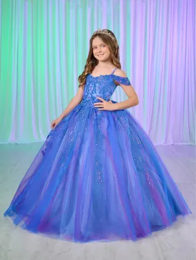 Tiffany Princess 13760 Size 4, 12 Royal Purple Shimmer Girls Lace Pageant Dress Corset off the Shoulder Gown Tulle
