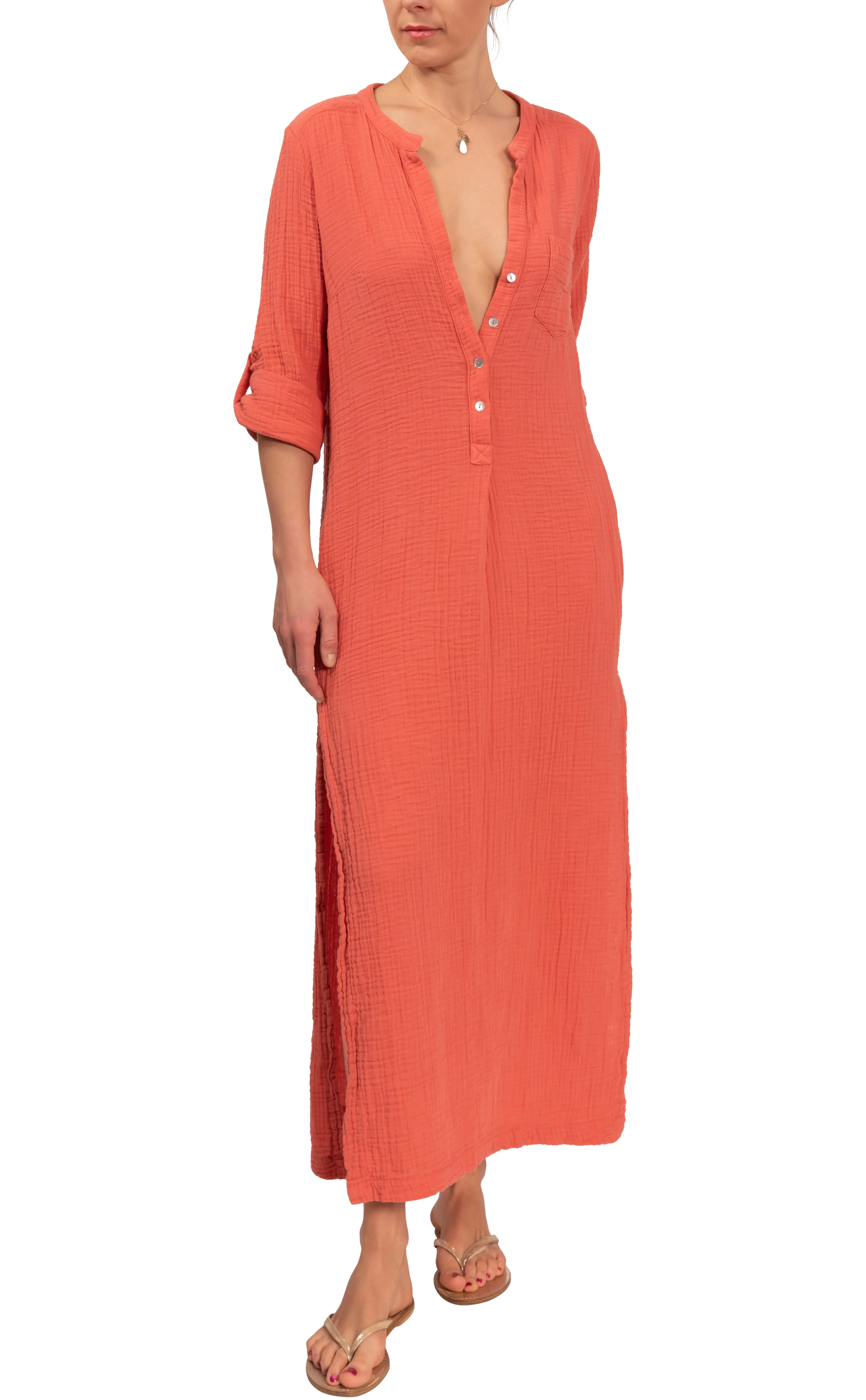 Tracey Caftan - Papaya Cotton Bubble Gauze