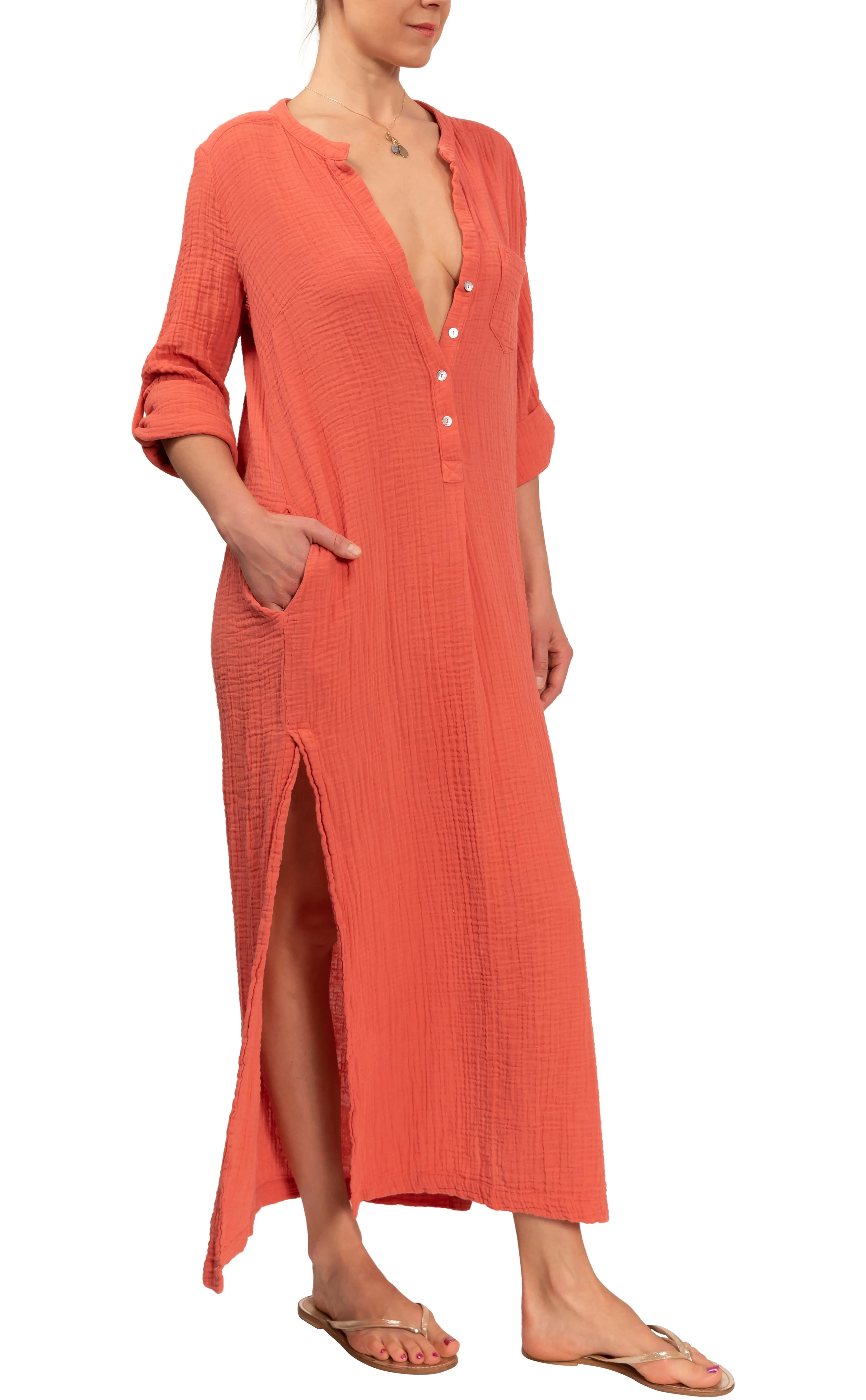 Tracey Caftan - Papaya Cotton Bubble Gauze