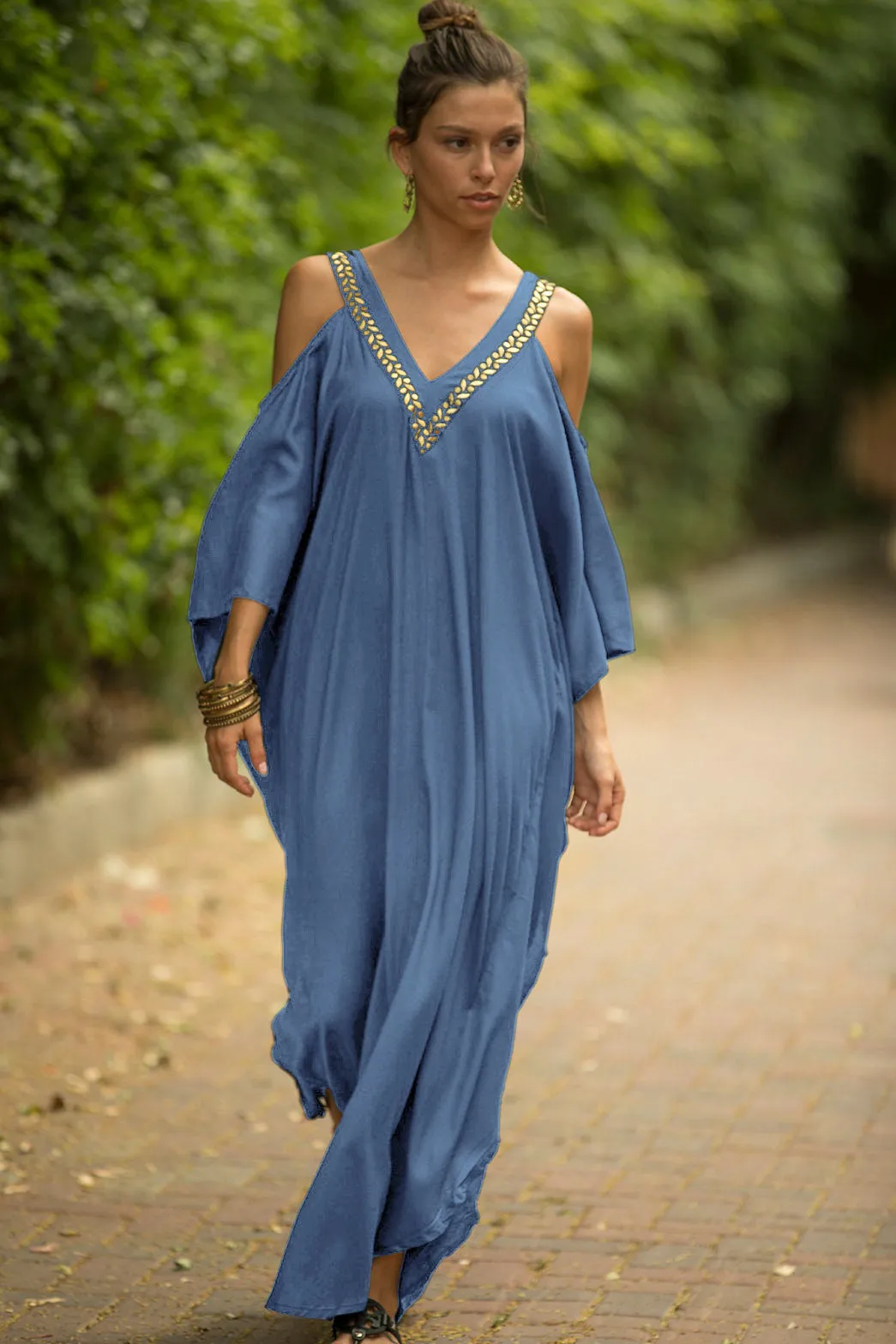 V Neck Embroidered Kaftan Cold Shoulder Beach Cover Up"