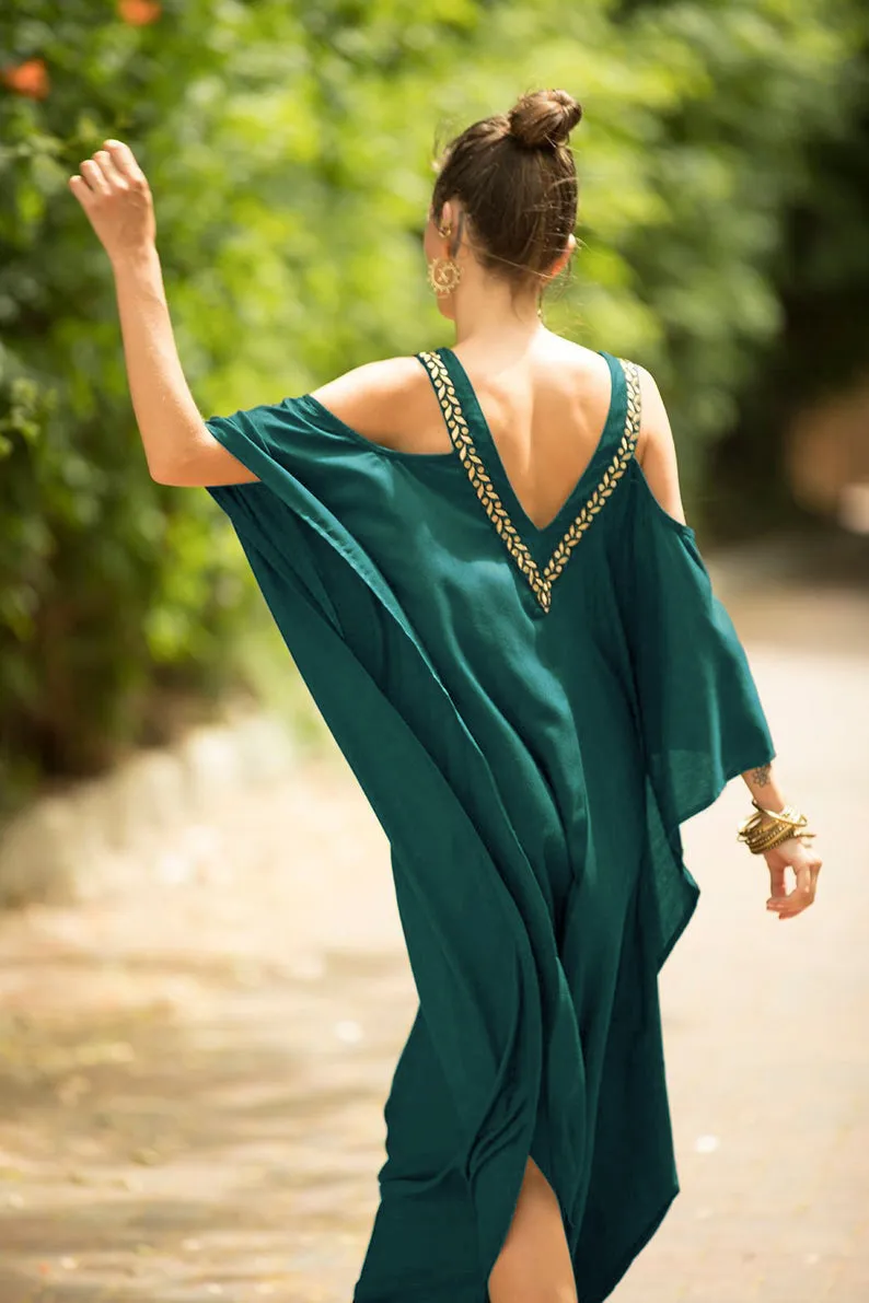 V Neck Embroidered Kaftan Cold Shoulder Beach Cover Up"