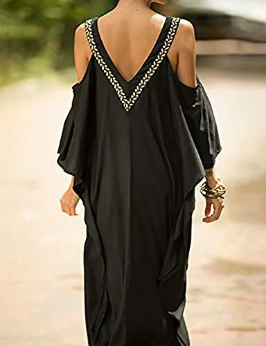 V Neck Embroidered Kaftan Cold Shoulder Beach Cover Up"