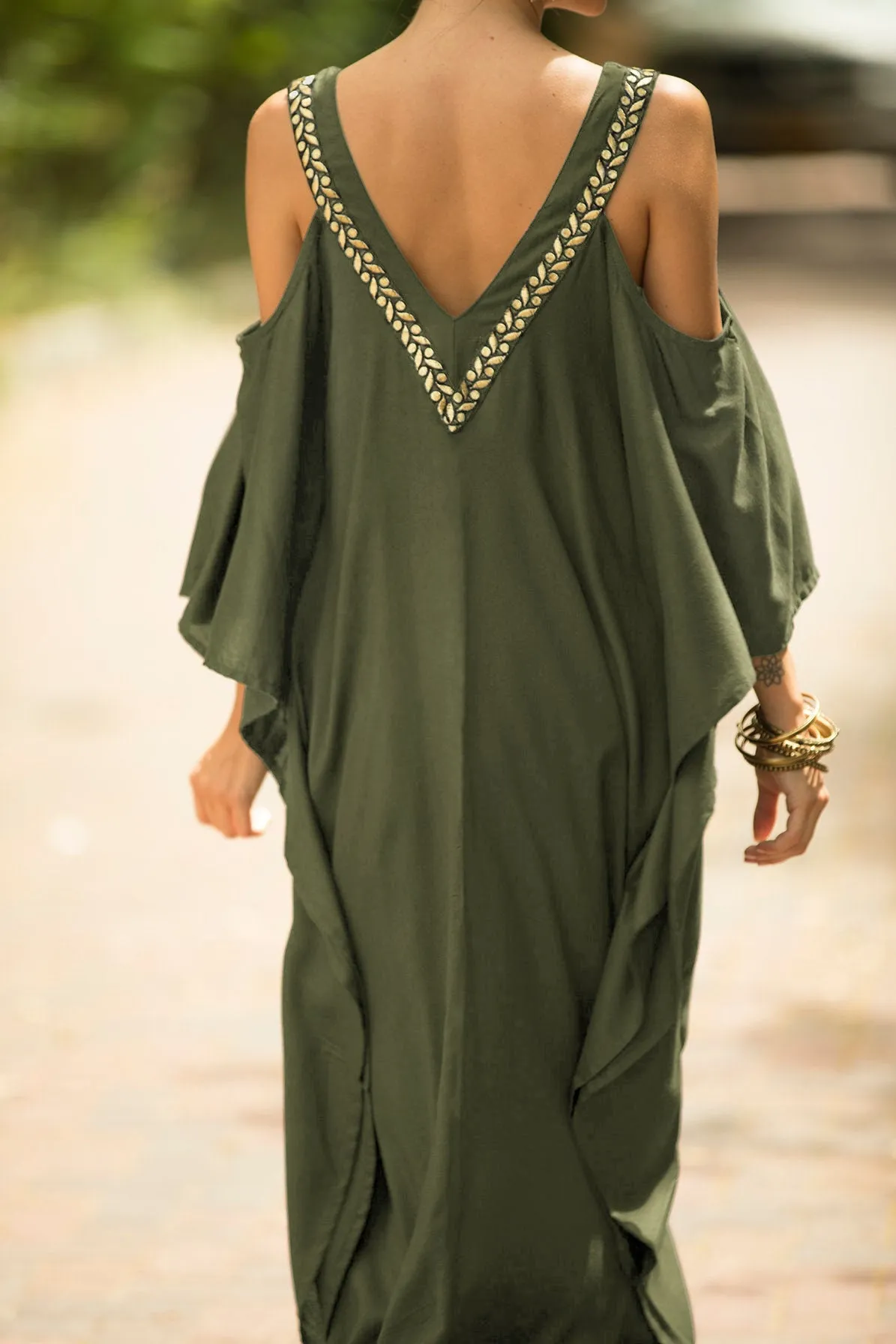 V Neck Embroidered Kaftan Cold Shoulder Beach Cover Up"