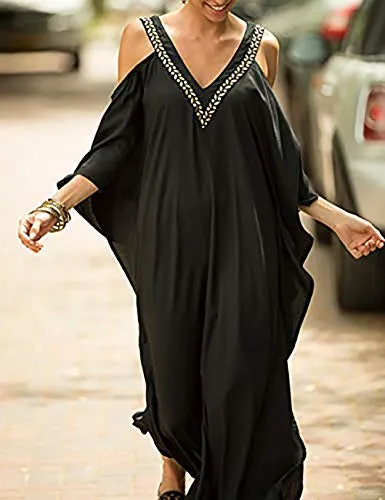V Neck Embroidered Kaftan Cold Shoulder Beach Cover Up"